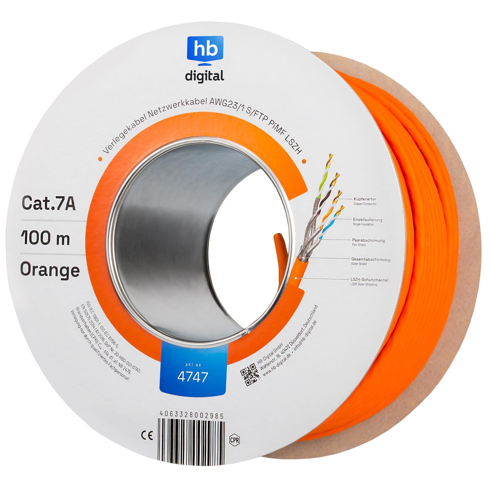 hb-digital 100m CAT.7a Câble réseau LAN Câble de pose AWG 23 Cuivre pur S/FTP PiMF LSZH Sans halogène RoHS-Compliant Câble d'installation Ethernet Câble de données PoE 10Gbit/s max. 1200MHz Orange