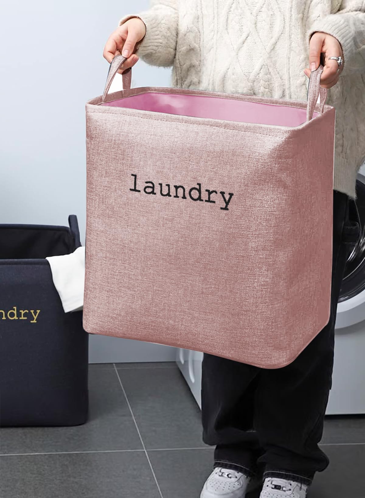 URbazaar Large Capacity Laundry Basket,Cotton Linen Laundry Hamper, Foldable Basket w/Handle,Breathable Durable Dirty Clothes Basket Laundry,60L Collapsible Toys Storage Bucket (Pink)