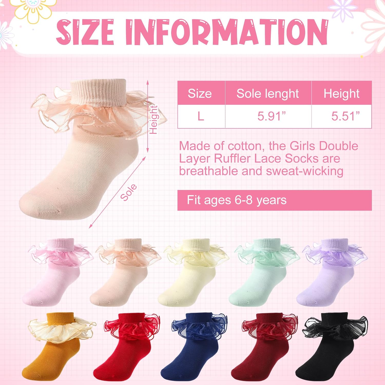 JaGely 10 Pairs Toddler Girl Socks with Big Ruffle Frilly Double Lace Cotton Turn Cuff Dress Pageant Socks for Kids 6-8 years - Image 3