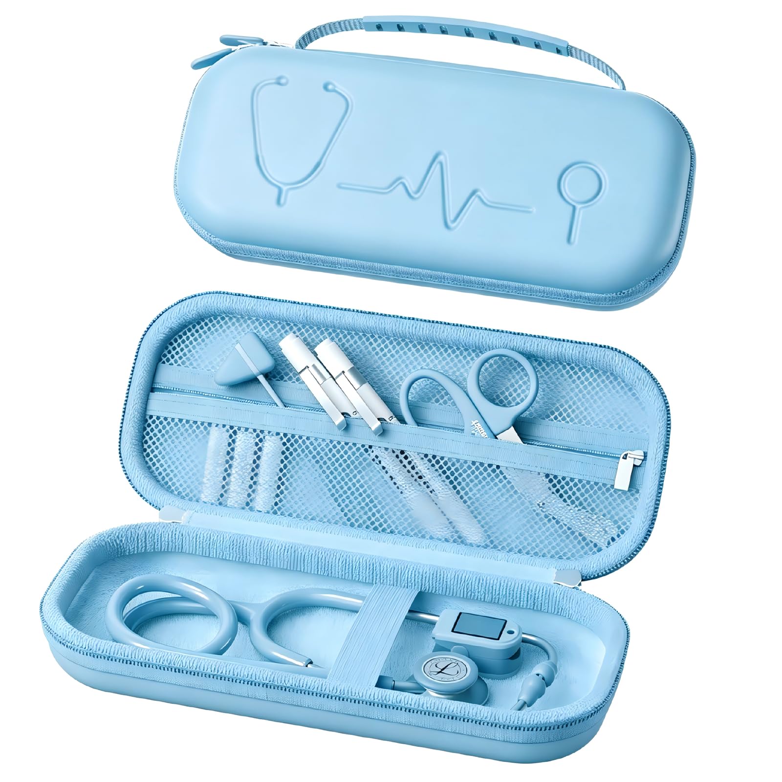 ProCase 聴診器ケース 耐衝撃 ハードEVA 収納ポーチ Littmann Cardiology対応 メッシュポケット付き - ライトブルー | Classic III Lightweight III IV MDF Acoustica等対応, ベルベット裏地, 弾性固定バンド, 軽量コンパクト, 持ち手付き, 医療従事者への贈り物に
