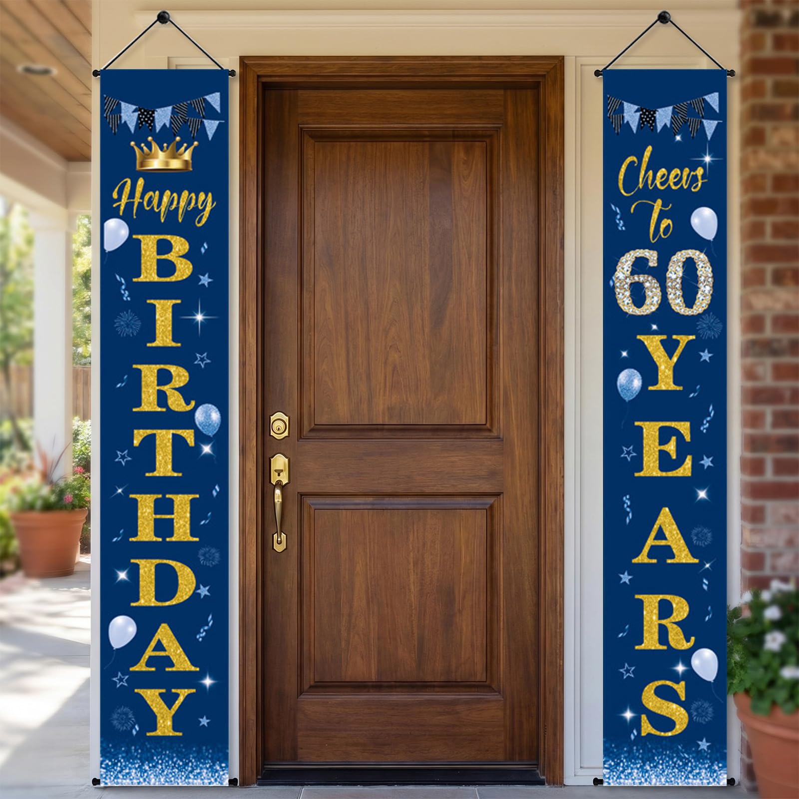 Happy 60th Birthday Banner, Reusable 60th Birthday Door Banner Decorations, 2Pcs Navy Blue Gold Glitter Crown Door Banner Porch Sign For 60 Birthday Party Photo Booth Backdrop