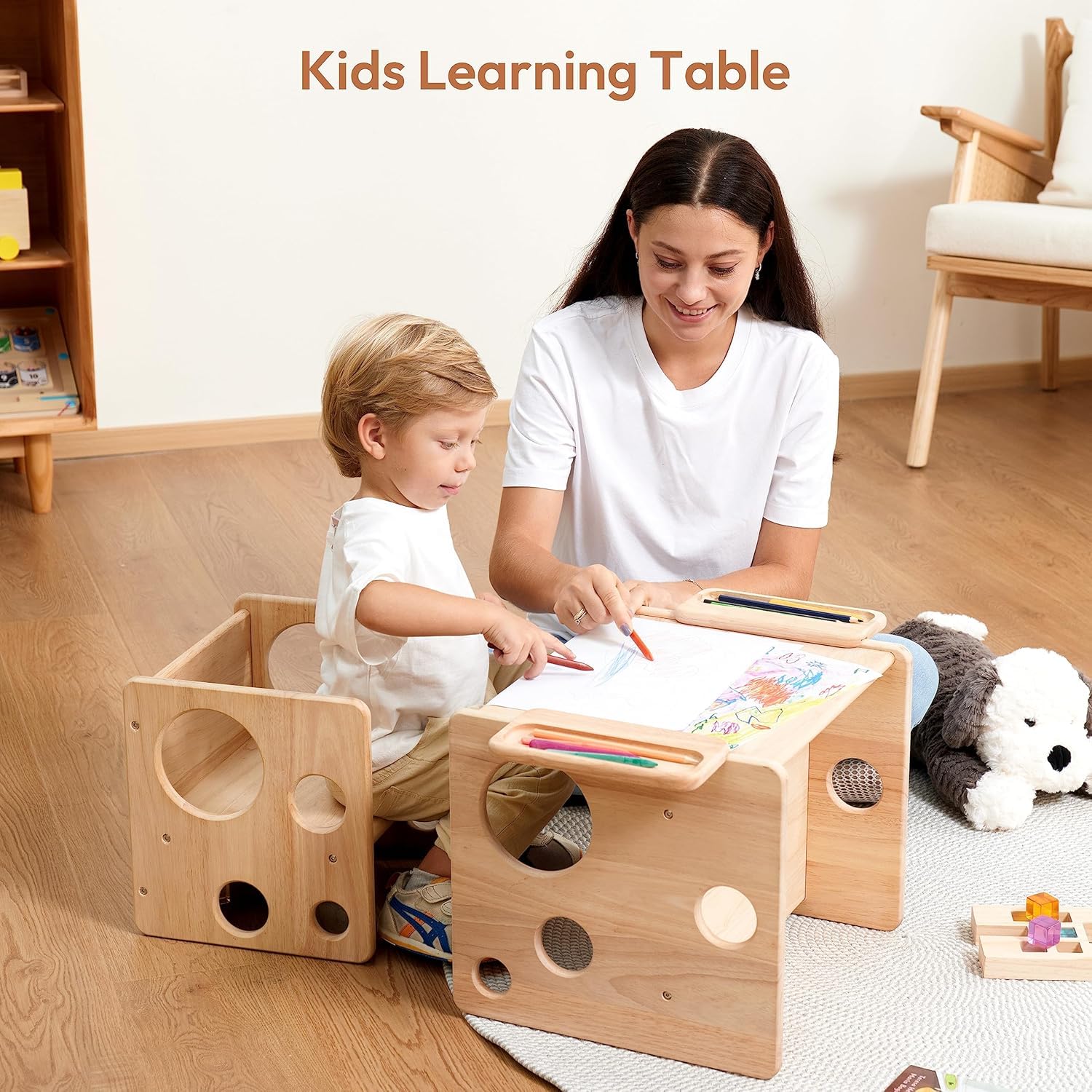 Montessori Beikosttisch kindertisch mit stühlen für Kleinkinder 1-3 Jahre, höhenverstellbar, Kinder-Tisch und Stuhl zum Lesen/Essen/Spielen, einfach aufzubauen