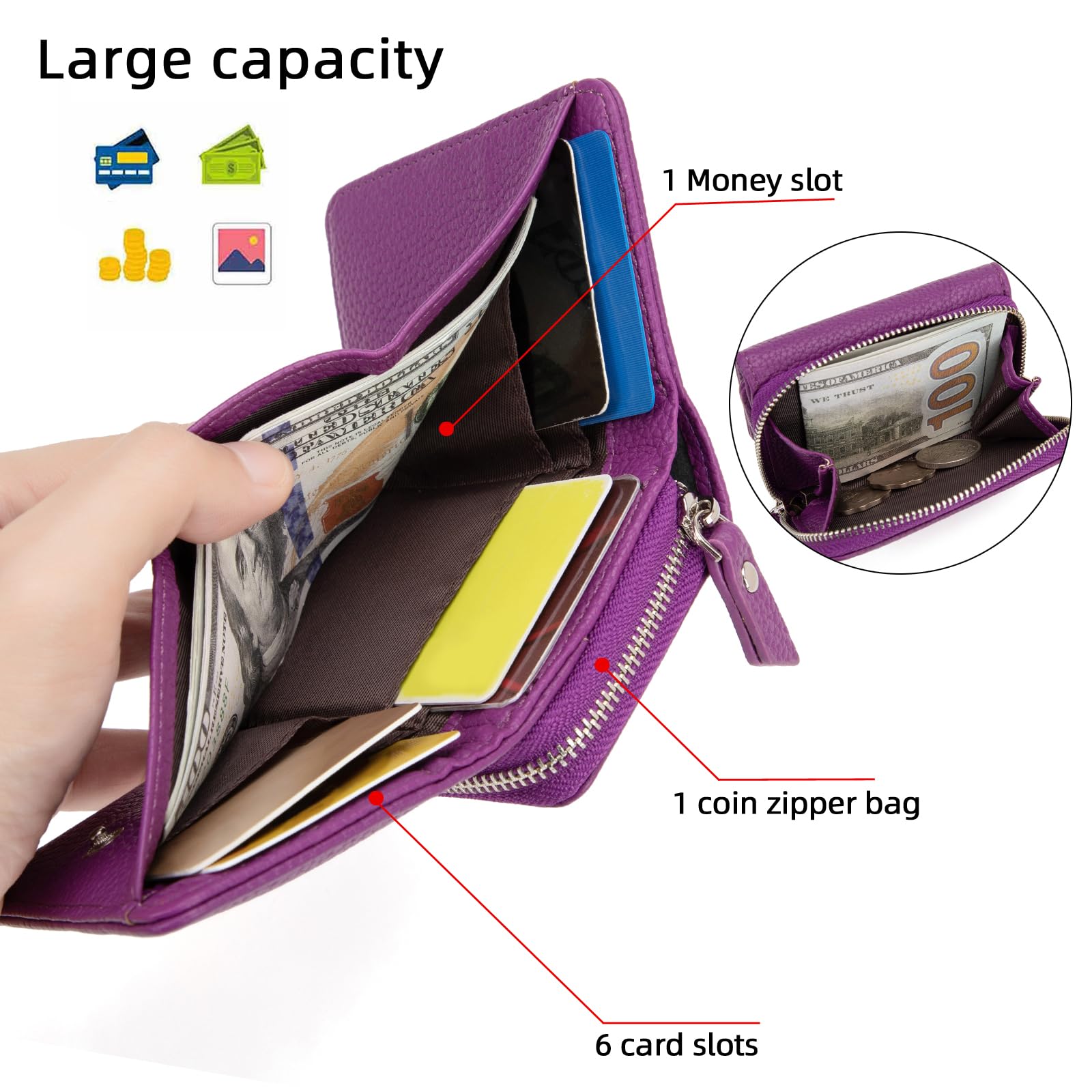 CHAOFANXI Portafoglio Donna Piccolo in Pelle da Donna, Portamonete Piccoli Trifold Piccola Corto Portamonete con 6 Scomparti per Carte con 1 Sezione di Fattura e 1 Tasca con Cerniera,Viola