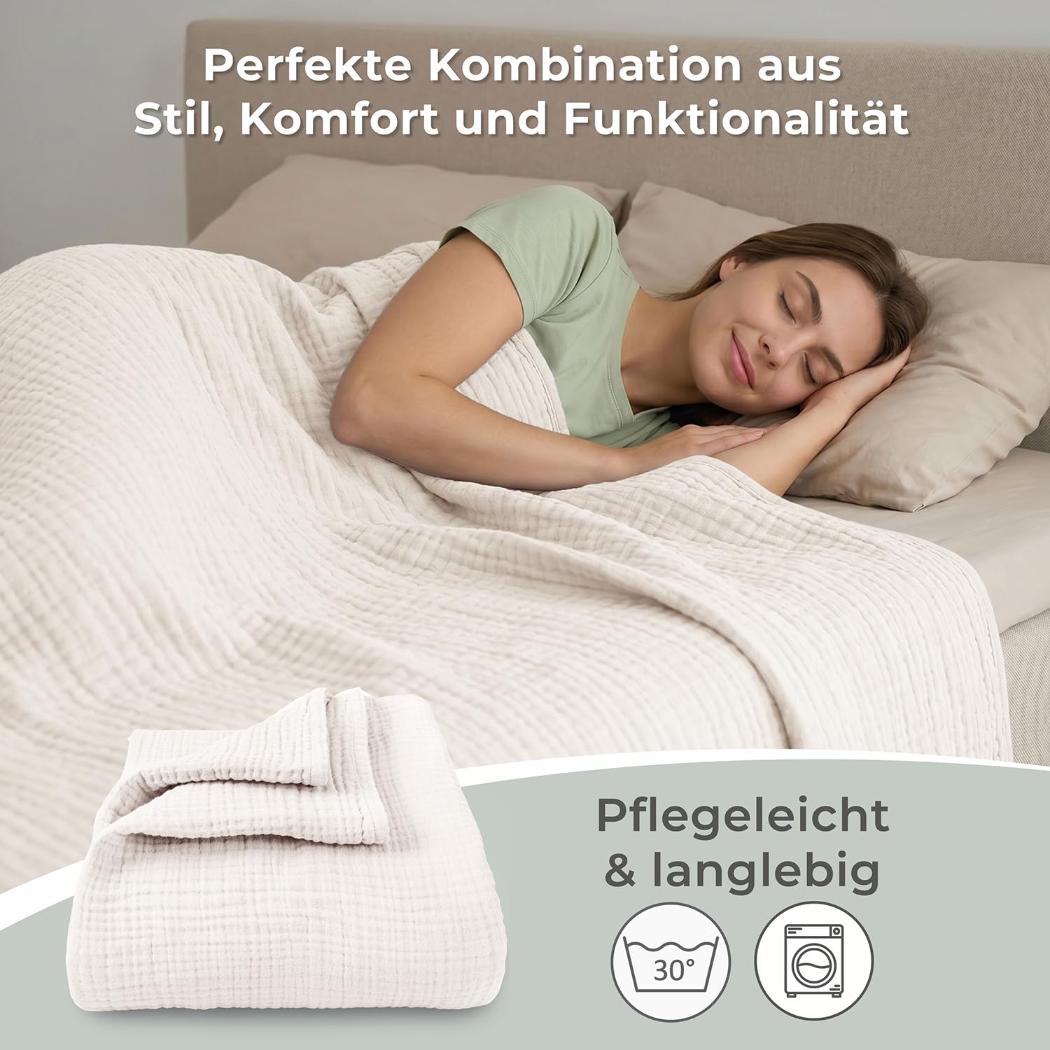 LAYNENBURG Premium Musselin Tagesdecke 180x220 cm - 100% Baumwolle - extraweiche Baumwolldecke als Kuscheldecke, Bett-Überwurf, Sofa-Überwurf, Couch-Überwurf - warme Sofa-Decke (Creme)
