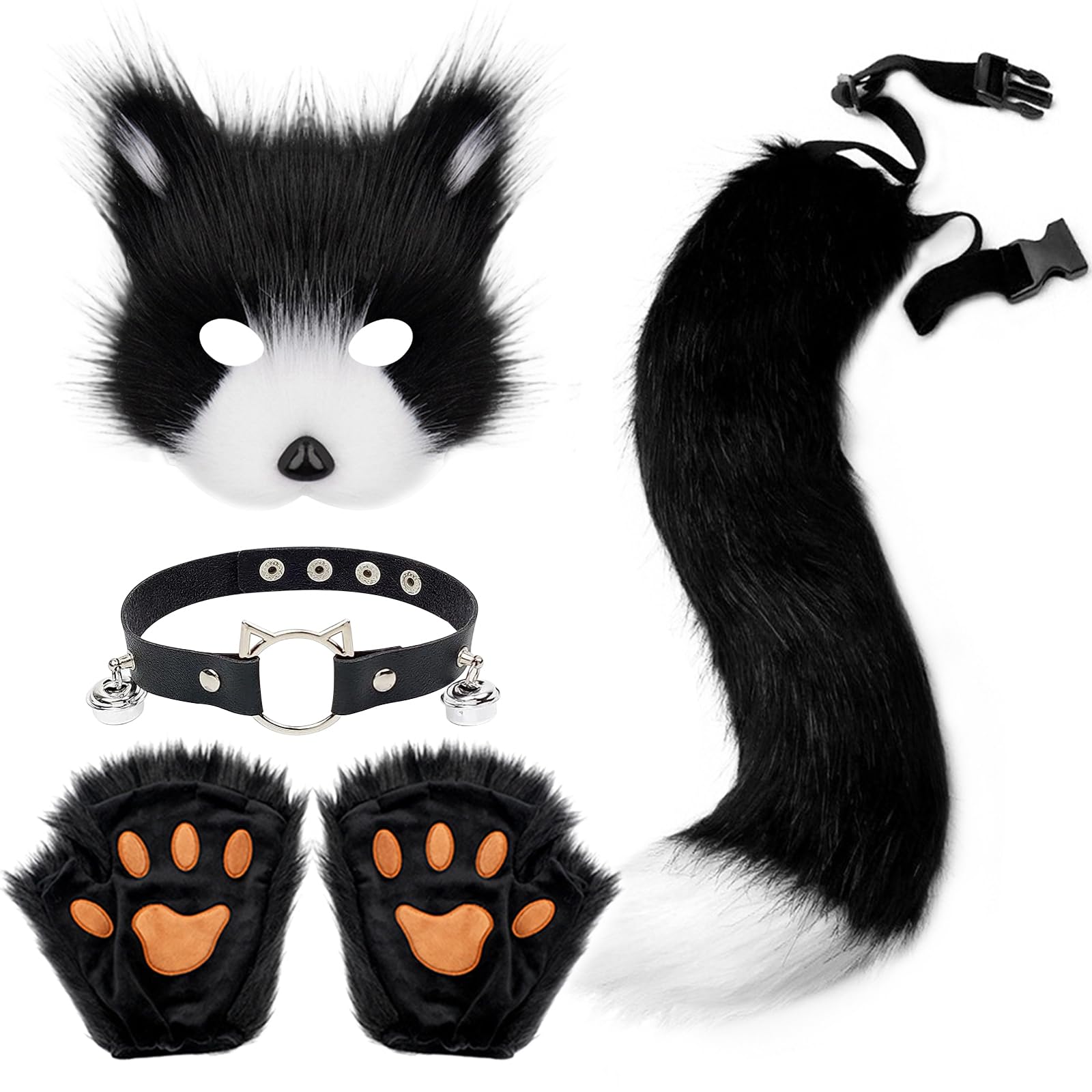 YumSur Faux Fur Fox Tail Cat Wolf Cosplay Costume Set Plush Mask Fluffy Paw Gloves Halloween Christmas Party for Girls Women