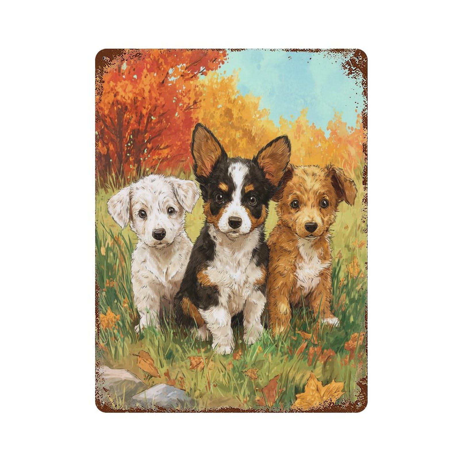 Vintage Rust Metal Sign with Autumn Puppies in Field-1 Design 15.7"x11.8", for Shed, Workshop And Garage Wall Decor, Retro Wall Decor