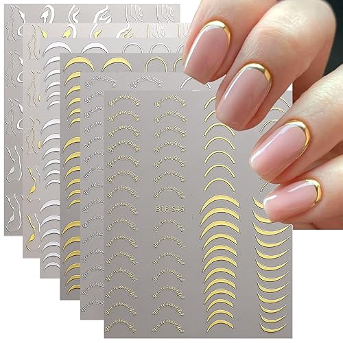 6 Sheets Metallic Nail Art Stickers Gold Silver French Nail