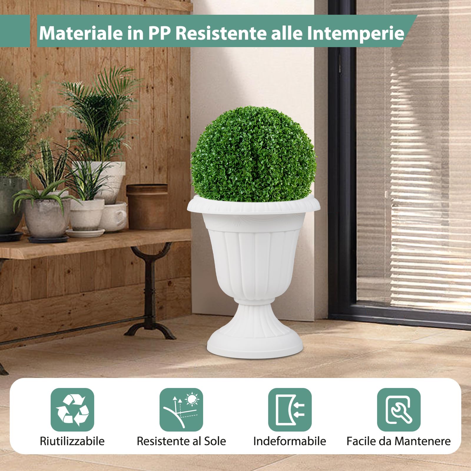 RELAX4LIFE Fioriera da Esterno, Set di 2 Vasi per Piante a Forma di Urna con Base a Piedistallo e Foro di Drenaggio, Fioriera in Plastica per Giardino, Balcone e Ingresso (Bianco, 46,5cm)