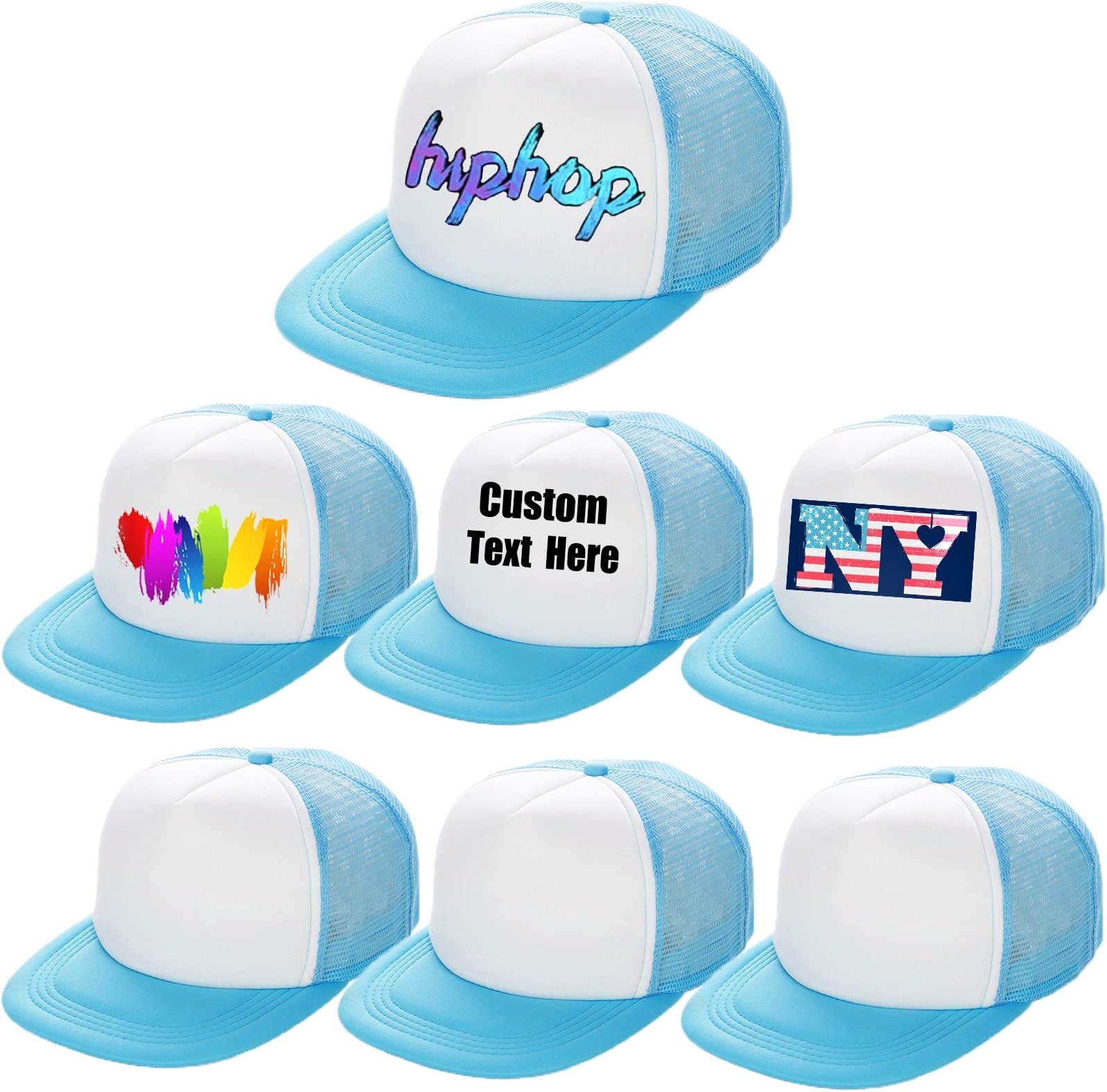 Funkeet 7 Pack Snapback Hat Blank Sublimation Flat Bill Trucker Hat Hip-Hop Mesh Back Baseball Cap for Men Women