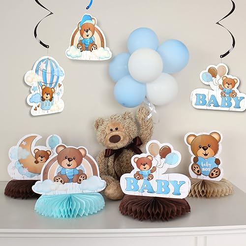 Miniatura 5 de 33 centros de mesa de oso para mesas, centro de mesa de panal de abeja, decoración de baby shower, decoración de remolinos colgantes de oso azul