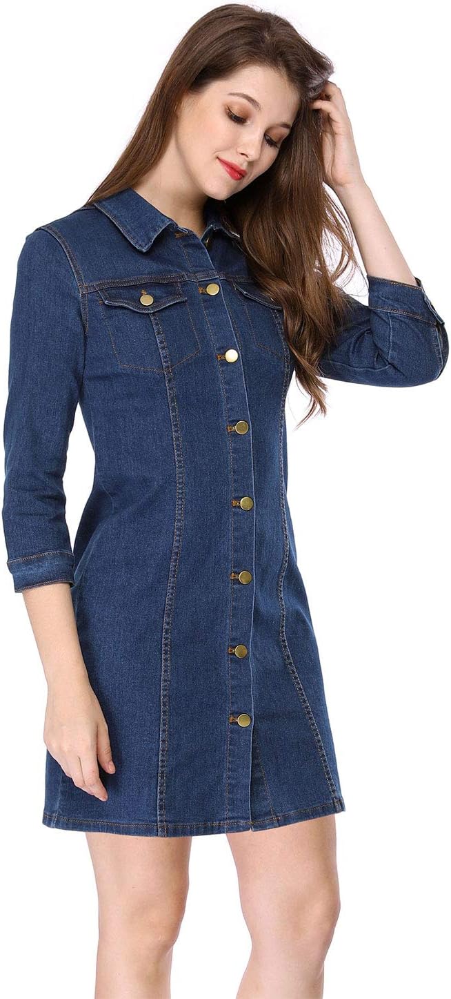 Allegra K Women's Button Down Denim Dress 3/4 Sleeve Summer 2025 Jeans Mini Dress - Image 2