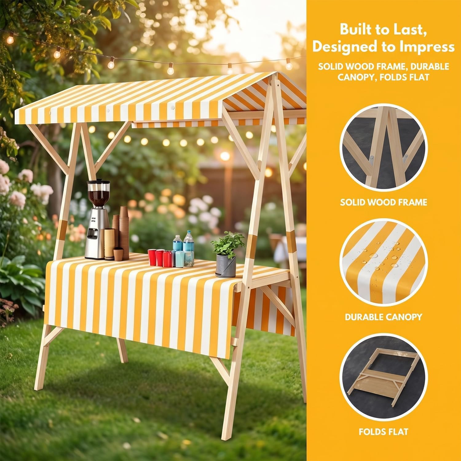 Puesto De Mercado Portátil De Madera Cubierto De Tela Carrito de Comida callejera de Madera Puestos Plegables for ferias de artesanías mercados callejeros,03,59in/150cm