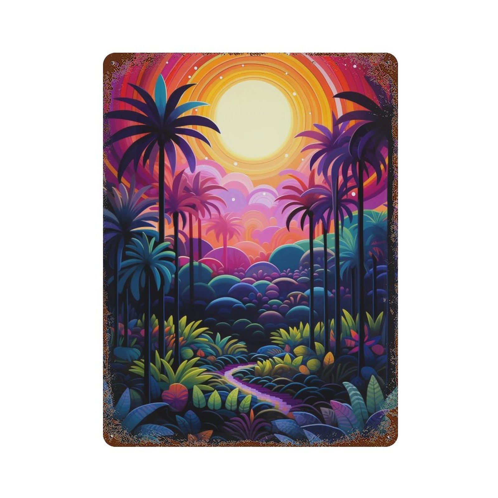Rainbow Palm Forest Pathway Rustic Tin Plaque 15.7"x11.8", Classic Wall Plaque for Garage, Pub Or Kitchen