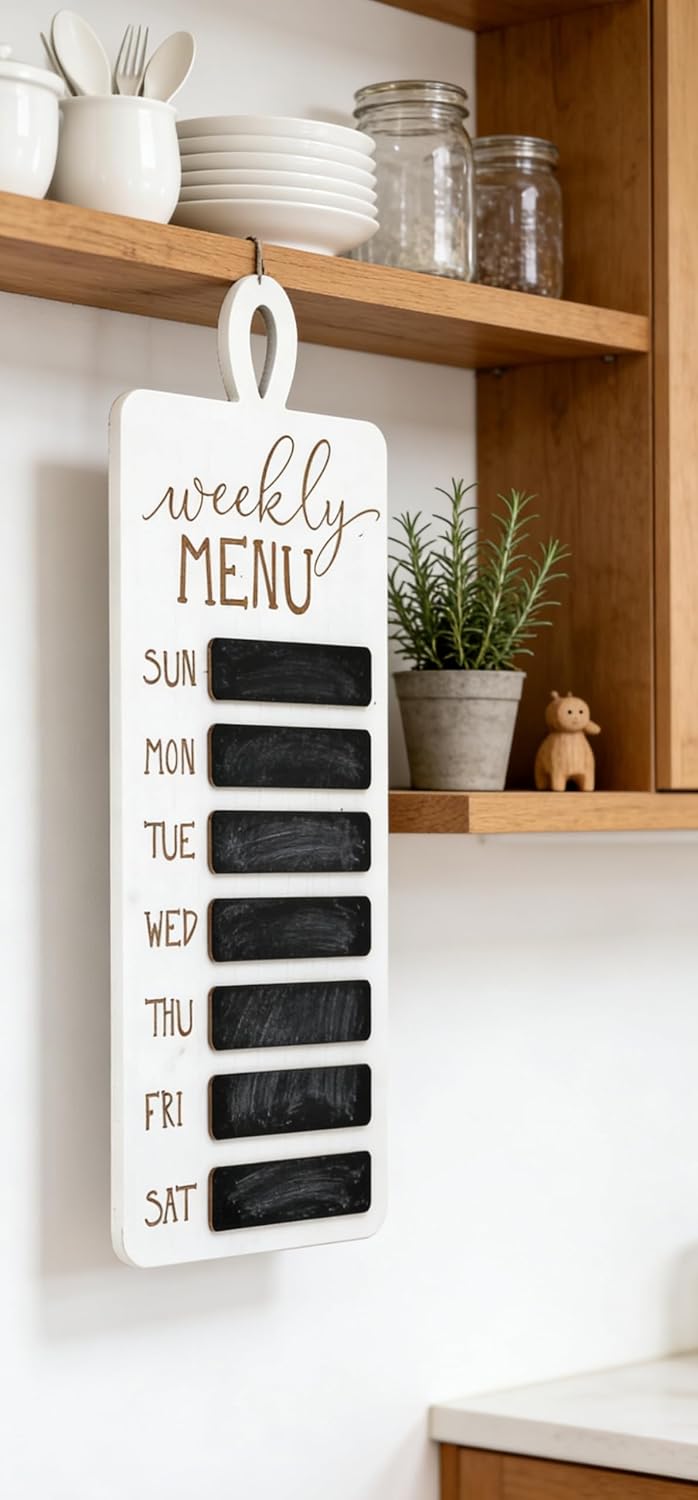 Farmhouse Wood Chalkboard Menu Board – Weekly Meal Planner with Rustic Finish, Wall-Mounted Family Weekly Planner Sign for Kitchen, Dining Room, 7.25 x 0.5 x 19 Inches
