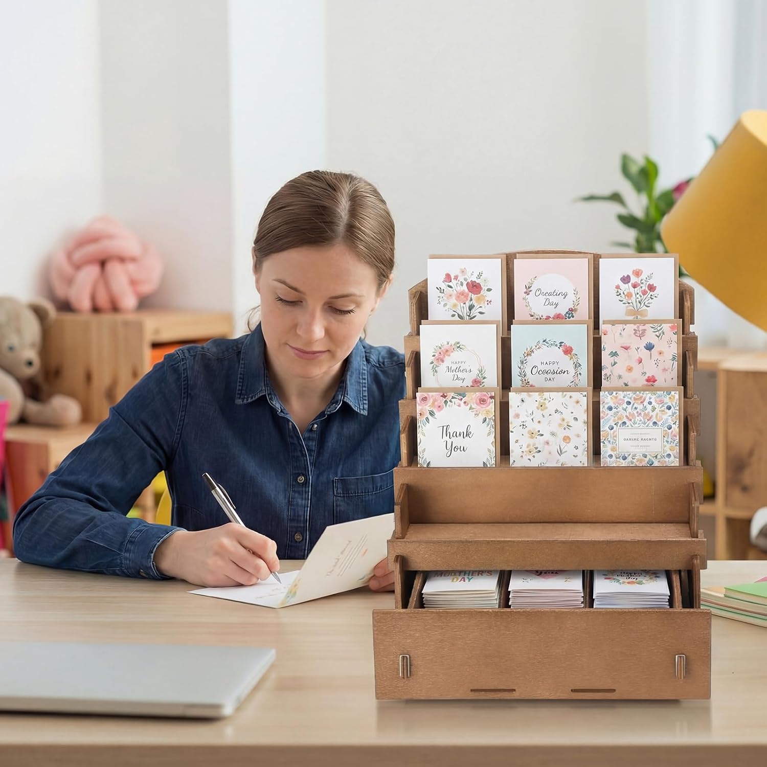Vicenpal 4 Tier Greeting Card Display Stand with Drawer Trading Card Display Storage Wood Graded Brown Organizer Holder Rack Gifts for Vendor Crafts Postcards Stickers Stationery Sports