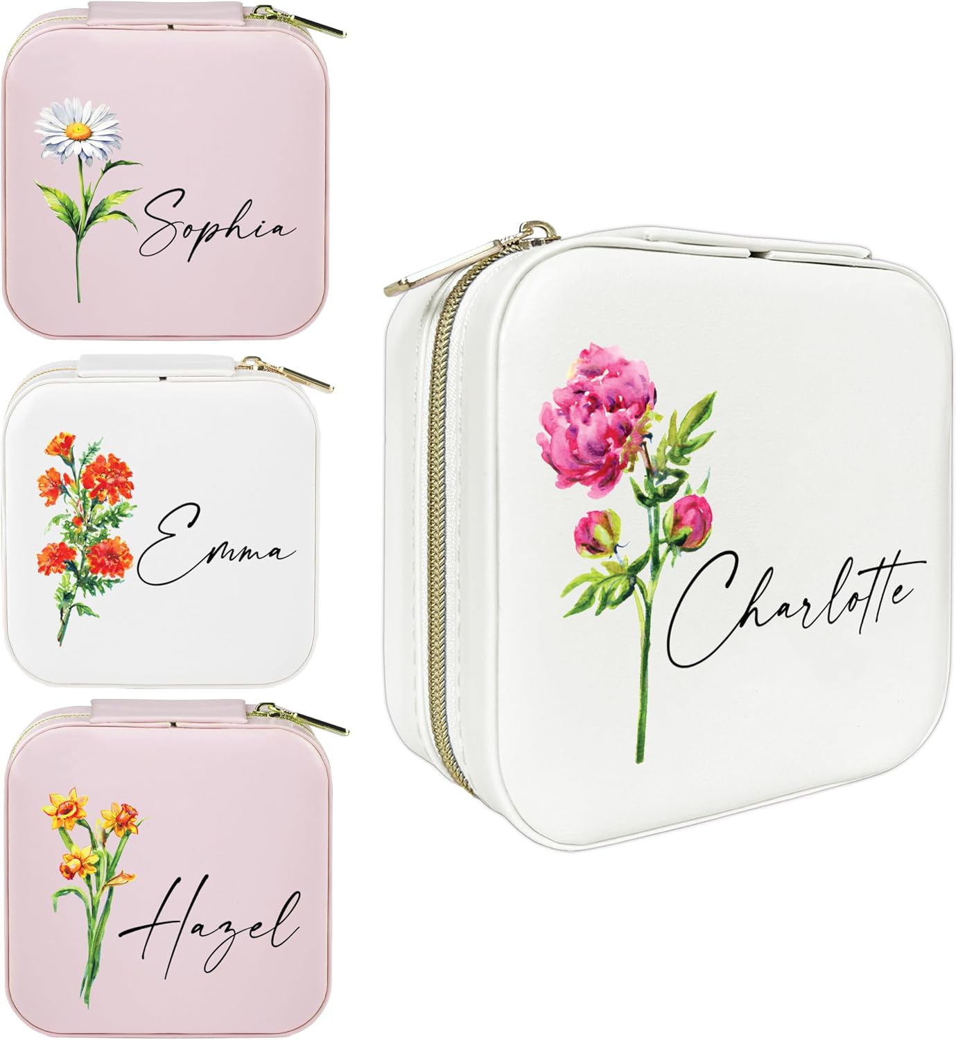 Personalized Birth Flower Jewelry Box with Name, Custom Travel Case Gift