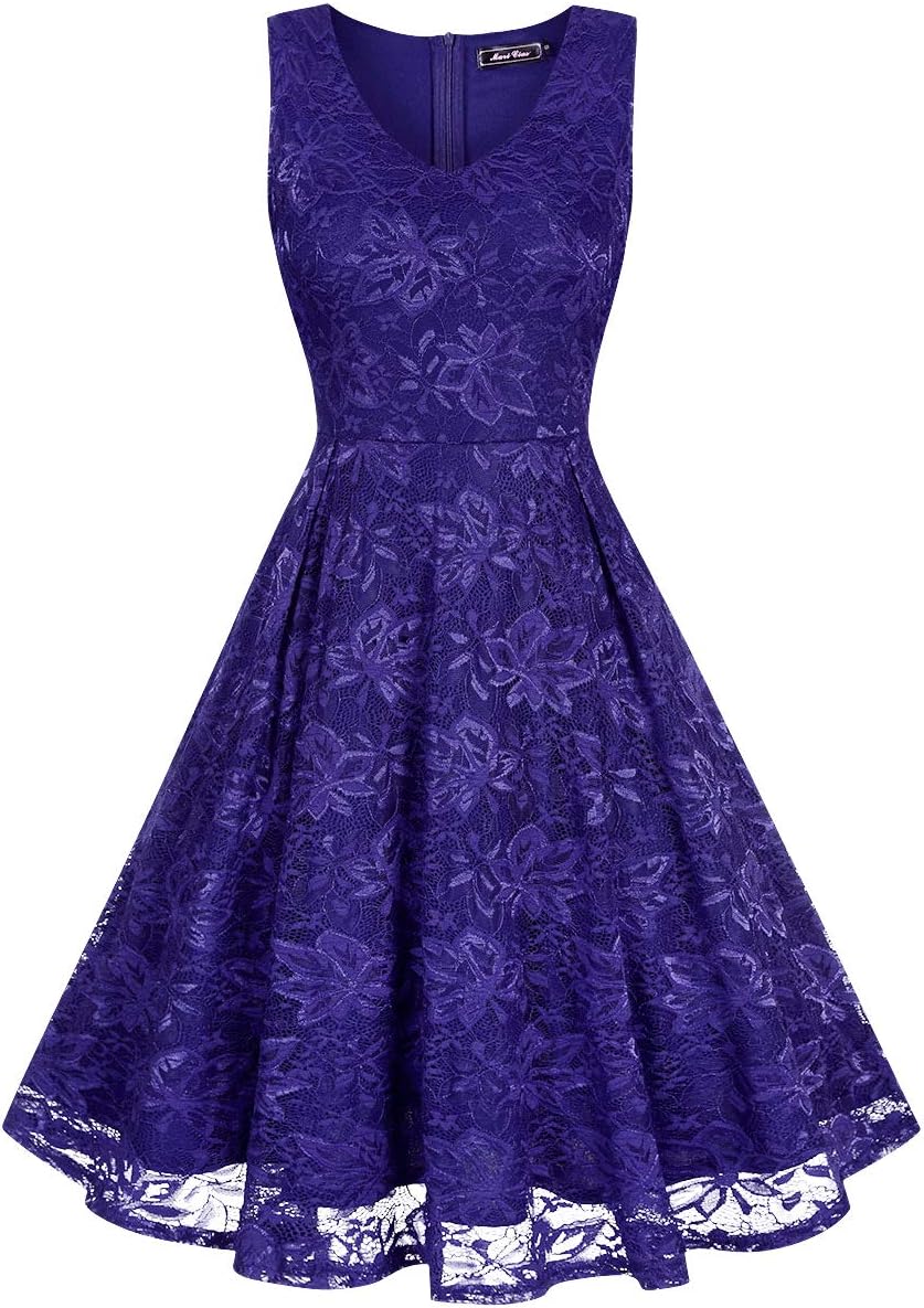 Fit and Flare Tank Dress Floral Lace Dresses for Women Knee Length (Navy Blue1, Large)