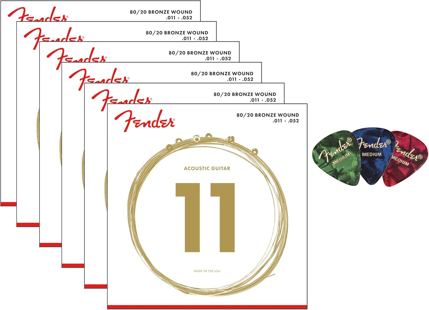 Fender 80/20 Bronze Acoustic Strings, Ball End - Custom Light .011-.052 6-Pack Bundle with 3-Pack Picks