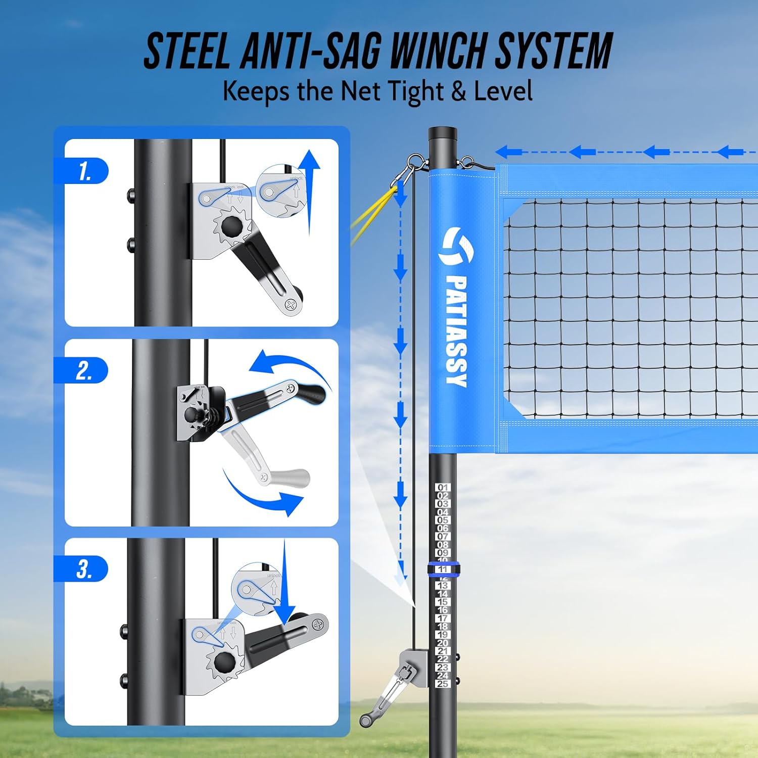 heavy duty professional volleyball net set for backyard & beach, 32-ply reinforced net with steel anti-sag winch, height-adjustable rust-proof aluminum poles & portable carry bag c-blue