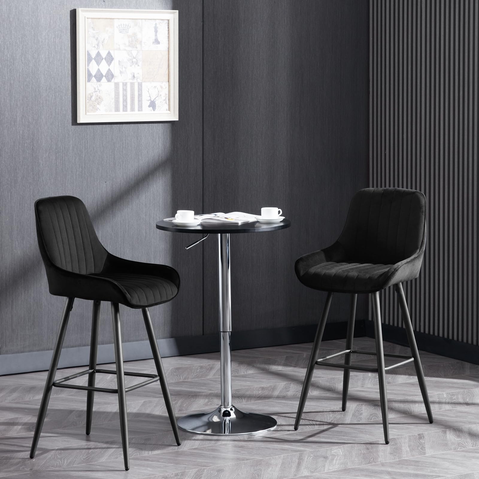 WOLTU 2X Taburetes Altos de Cocina con Respaldo Terciopelo, Negro | para Comedor, Salón y Cafetería