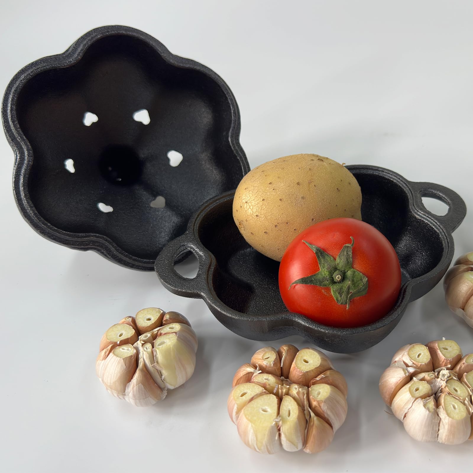 Ahumador y asador de ajo de hierro fundido pre-sazonado, resistente con tapa y caja de ahumador para virutas de madera, cocina para ahumadores al aire libre 6