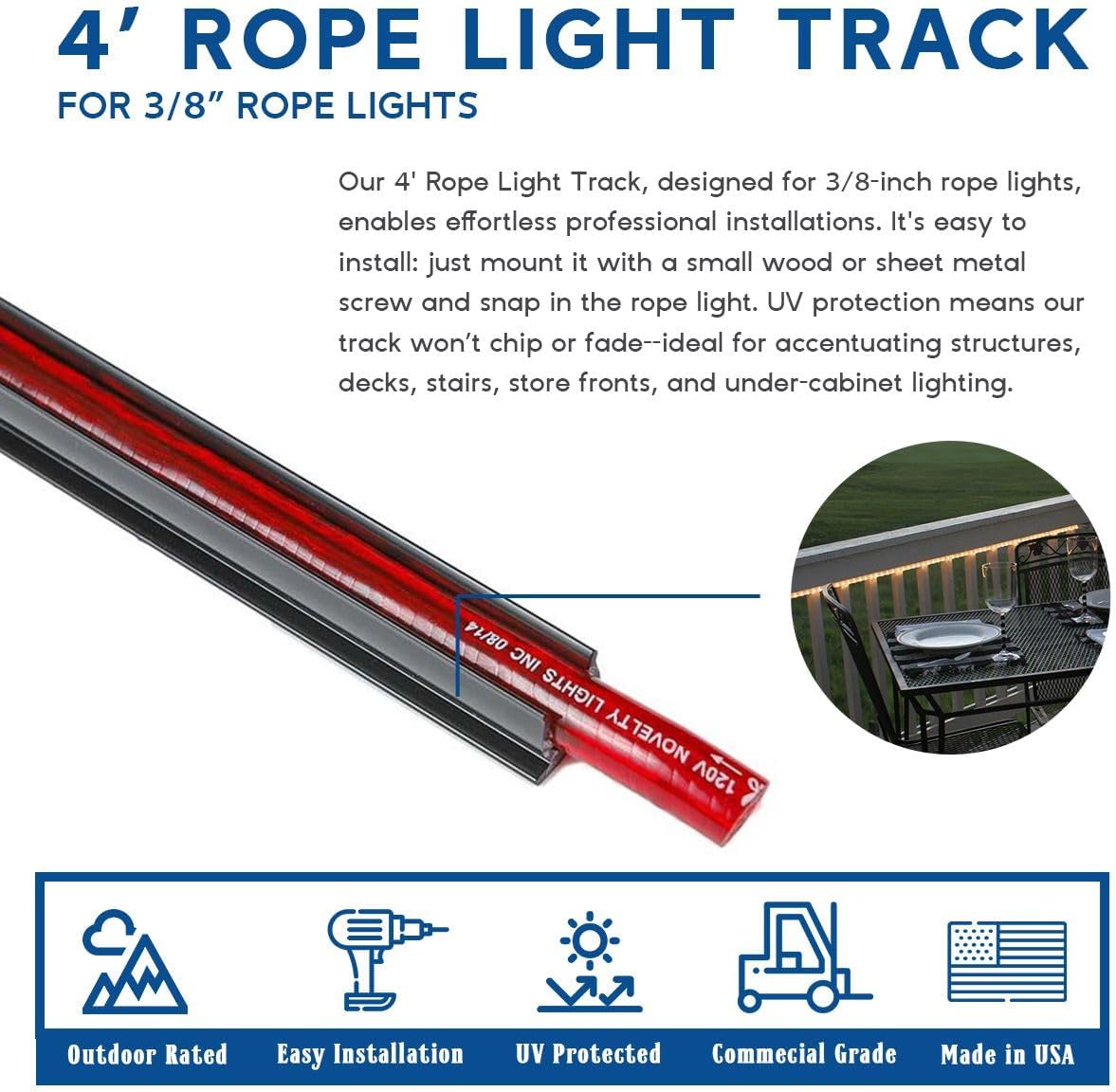 Novelty Lights 40 Pack 3/8in Rope Light Track, 4 Feet Black PVC Mounting Channels for Indoor or Outdoor Rope Lights, UV Treated, Shatter Resistant