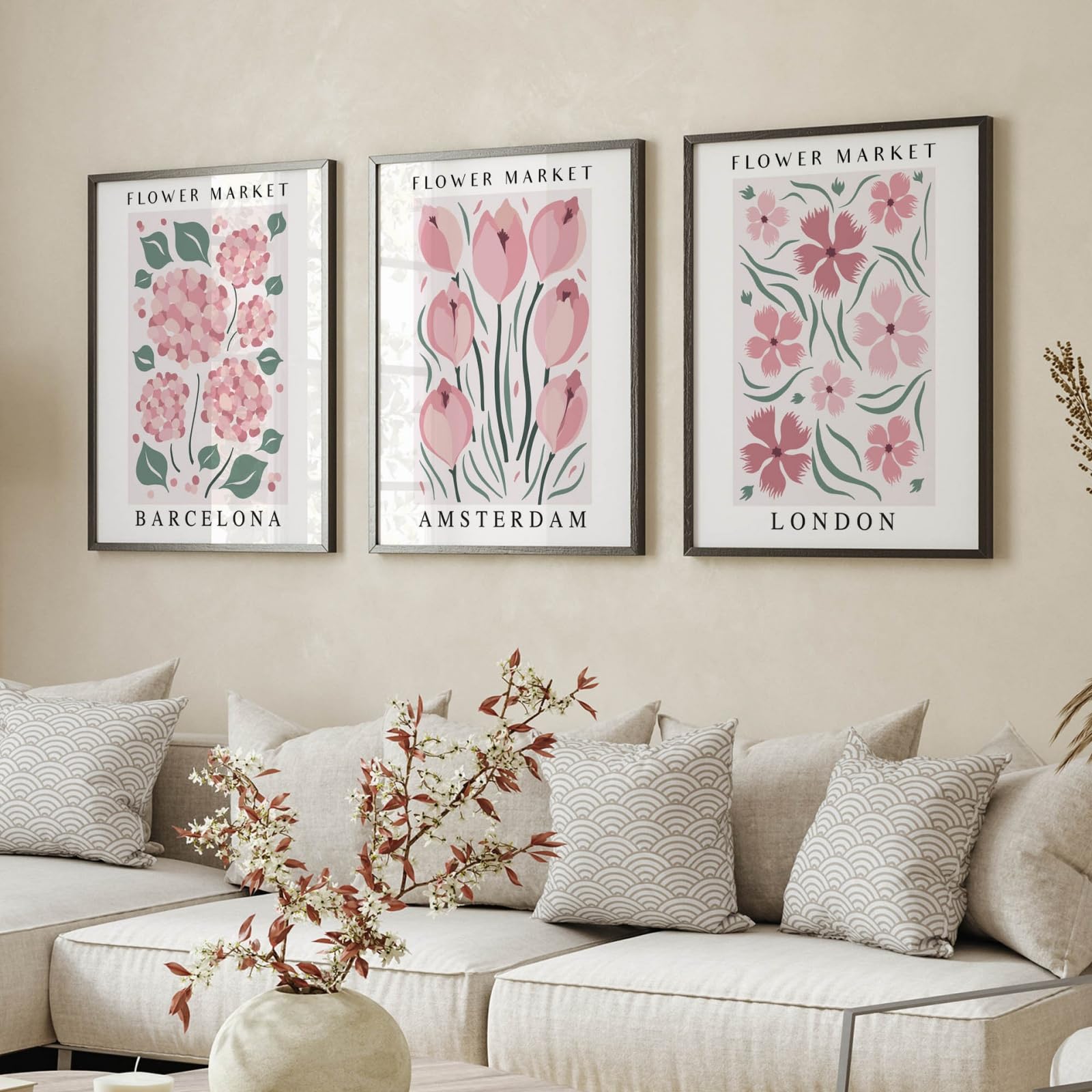 JORCEDI Pink Floral Canvas Wall Art Set of 3, Vintage Watercolour Flower Posters Prints for Girls Bedroom Room Decor, 21x30-50x70cm, Unframed (30x40 cm,A)