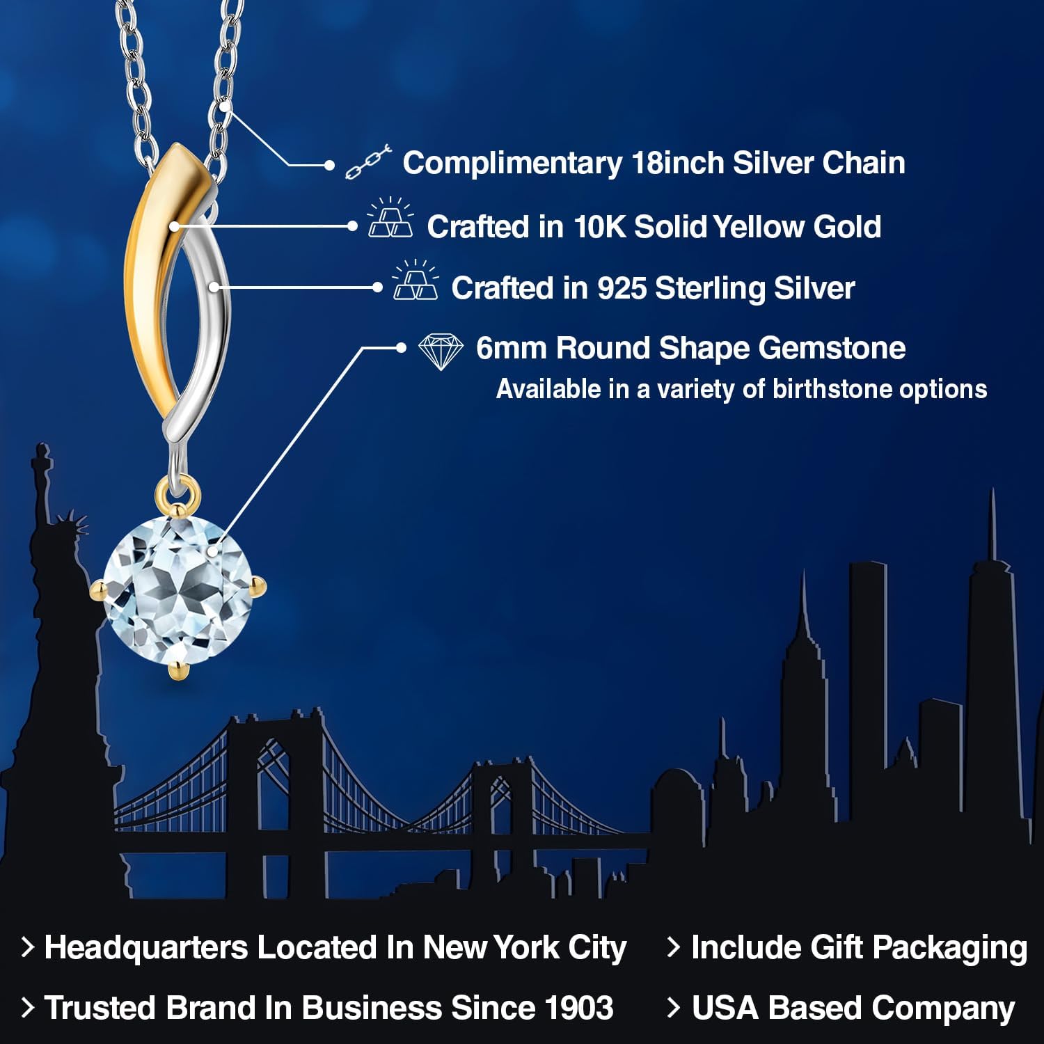 Gem Stone King 925 Silver and 10K Yellow Gold Sky Blue Topaz Pendant Necklace for Women | 1.00 Cttw | Gemstone November Birthstone | Round 6MM | With 18 Inch Silver Chain - Image 2