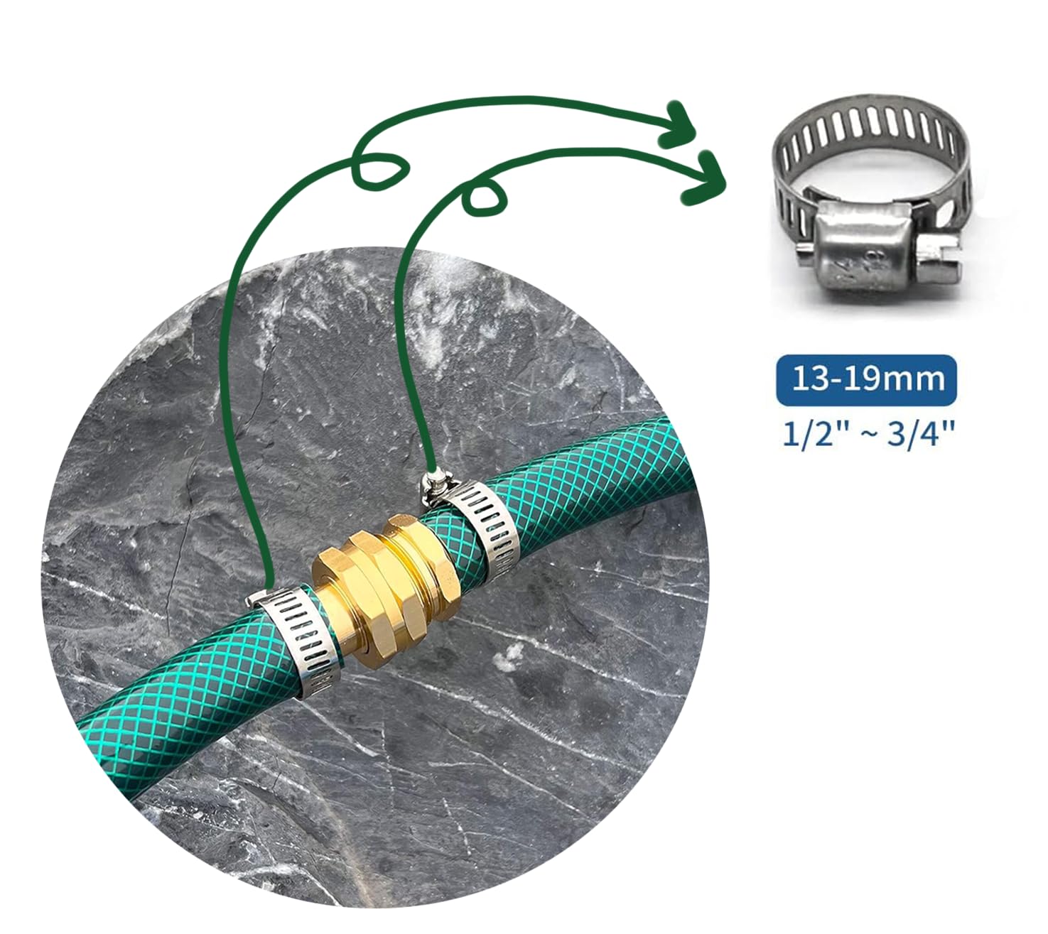 Connettore per riparazione tubi da giardino in ottone massiccio con morsetti, adatto per raccordi per tubi da giardino, raccordi per tubi maschio e femmina, set da 10 (5/8"-10)