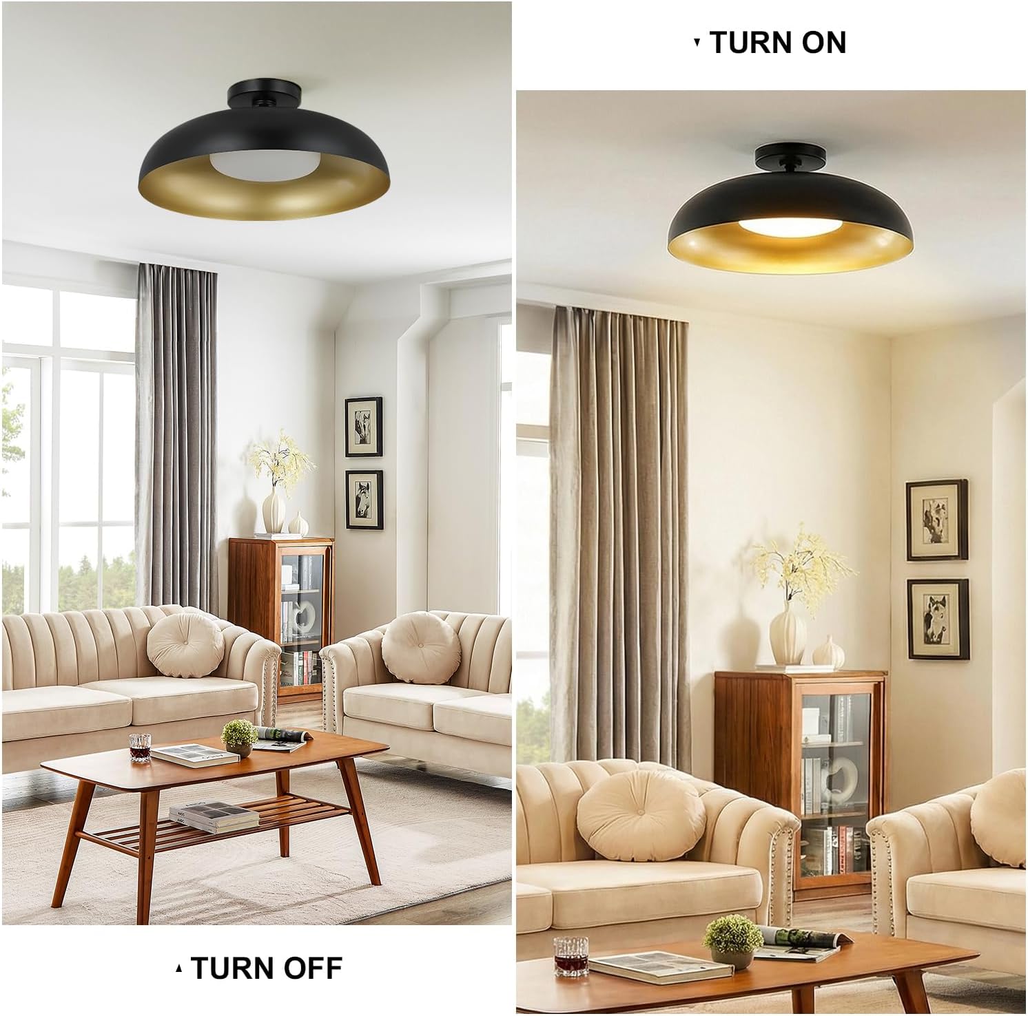 16 Inches Flush Mount LED Ceiling Light, Black Outside and Gold Inside, 10W Built-in Lighting Source, Close to Ceiling Fixture, Half Flush Mounted Lamp For Kitchen, Hallway, Bathroom(1 Pack, Dimmble)