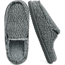 ONCAI Mens Slippers,Warm Comfort Memory Foam Cotton-Blend Corduroy Stripe Faux Fur House Shoes for Man Indoor/Outdoor with Non-slip Rubber Soles US Size 7-16