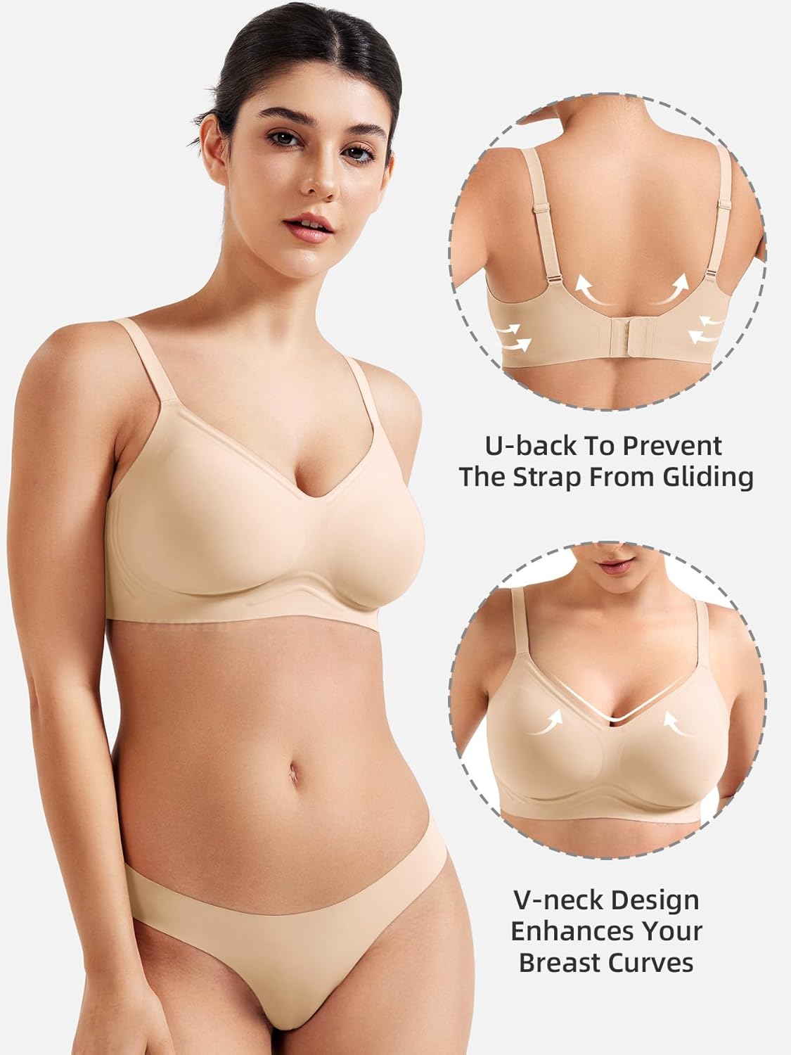 YEOREO Women Push Up No Underwire Bra Full Coverage V Neck Basic Bralette Seamless Everyday Bra