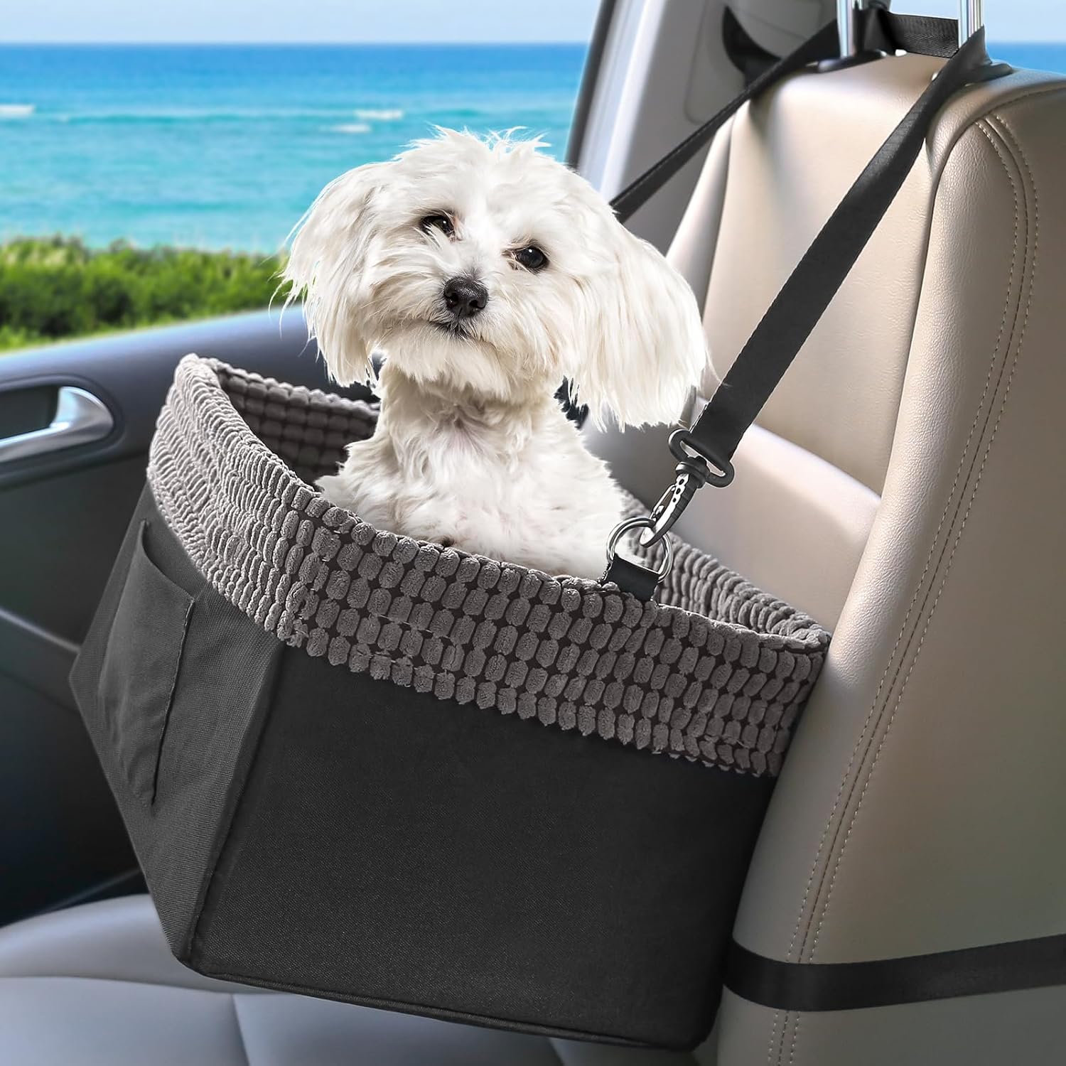Bnonya Dog Car Seat for Small Dogs, Dog Booster Seat with Storage Pockets and Adjustable Straps, Removable Washable Cushion Portable Pet…