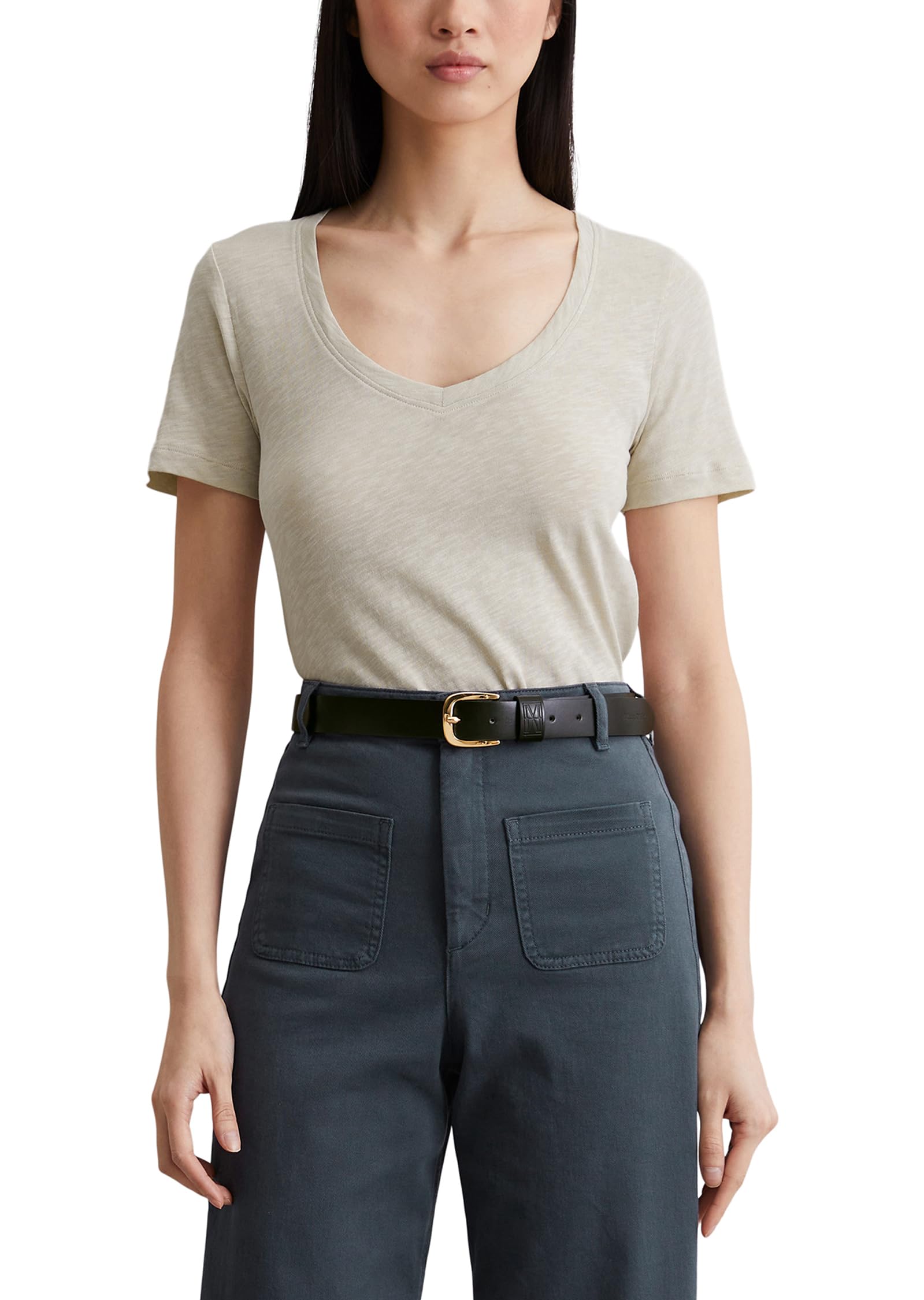 Marc OߴPolo Women's Organic Cotton T-shirt with V-neck, Off White (Silky Stone), M