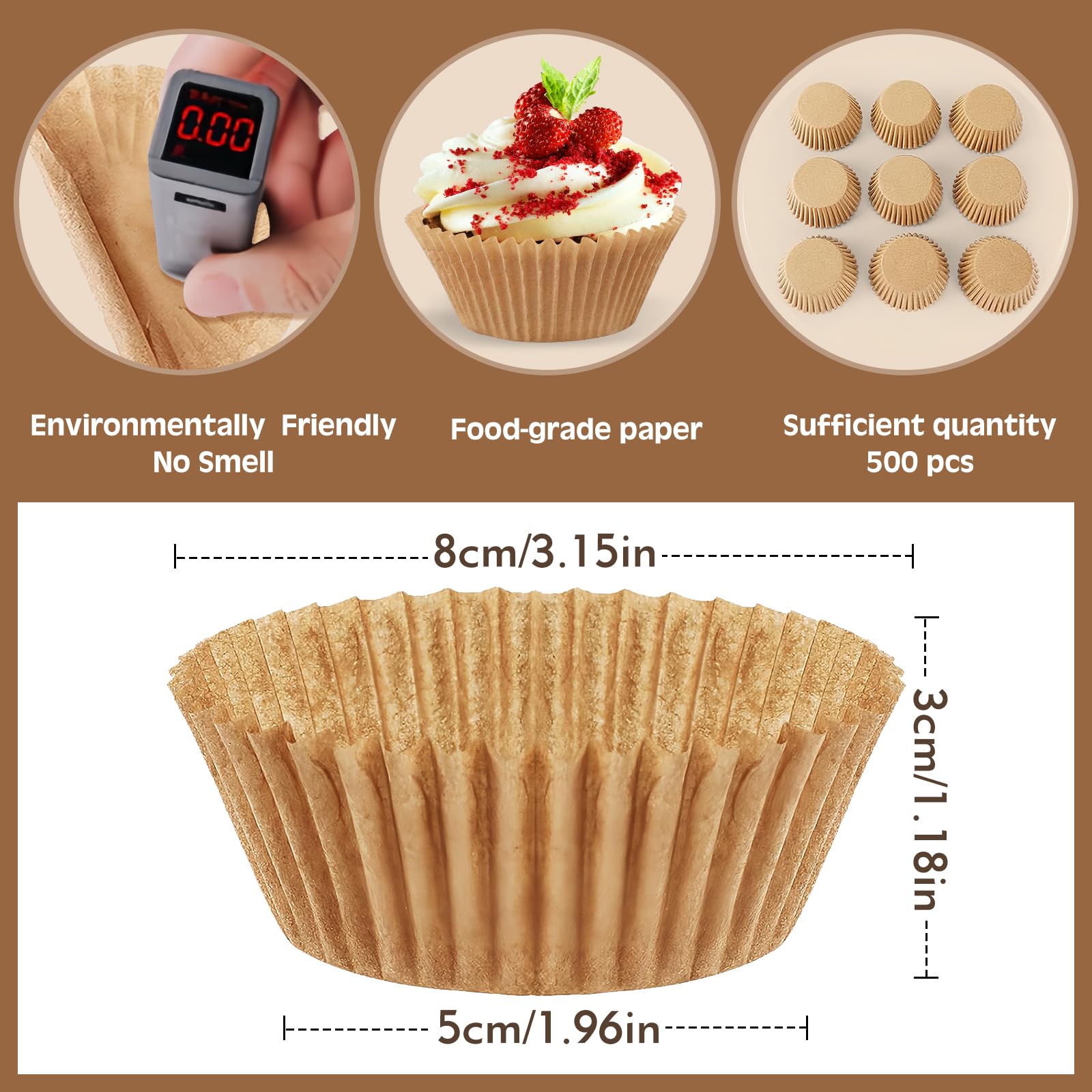 500pcs Standard Natural cupcake liners for baking,food grade cupcake wrappers,non-stick, greaseproof parchment muffin liners,by Bake Choice (500PCS Brown)