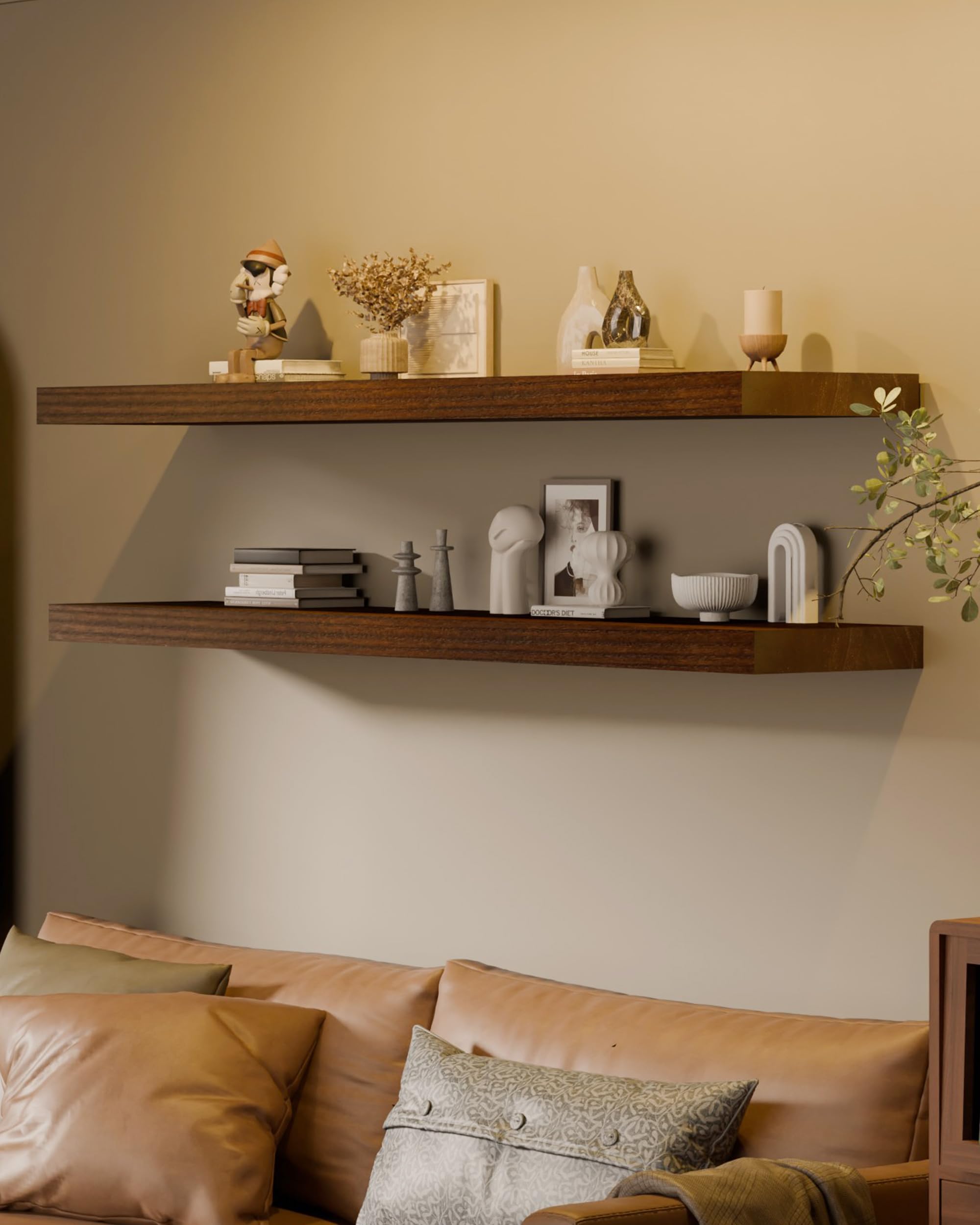 Photo 1 of TEDIDUWA 60 Inch Extra Long Floating Shelves, Set of 2 Deep Floating Shelves 12in Depth, Floating Shelves Long Heavy Duty Wood Shelves for Wall, Solid Wood Walnut Finish