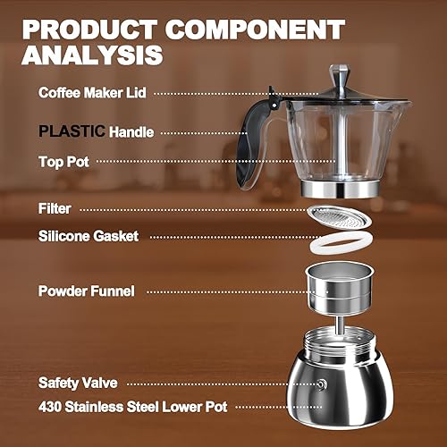 Miniatura 3 de Olla de plástico transparente de 6 tazas de acero inoxidable sin recubrimiento, cafetera italiana, cafetera moca greca, cocina clásica de inducción