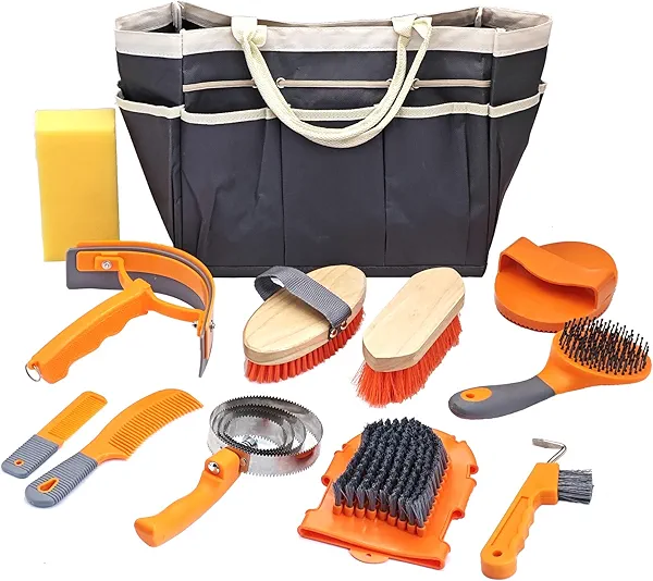 Horse Grooming Kit, Horse Grooming Supplies Includes 12 Horse Hair Care Tools Such as Handbag, Horse Brush, Horse Comb, Hoof Pick, Sweat Scraper, Etc., Suitable Gifts for Horse Riding Enthusiasts