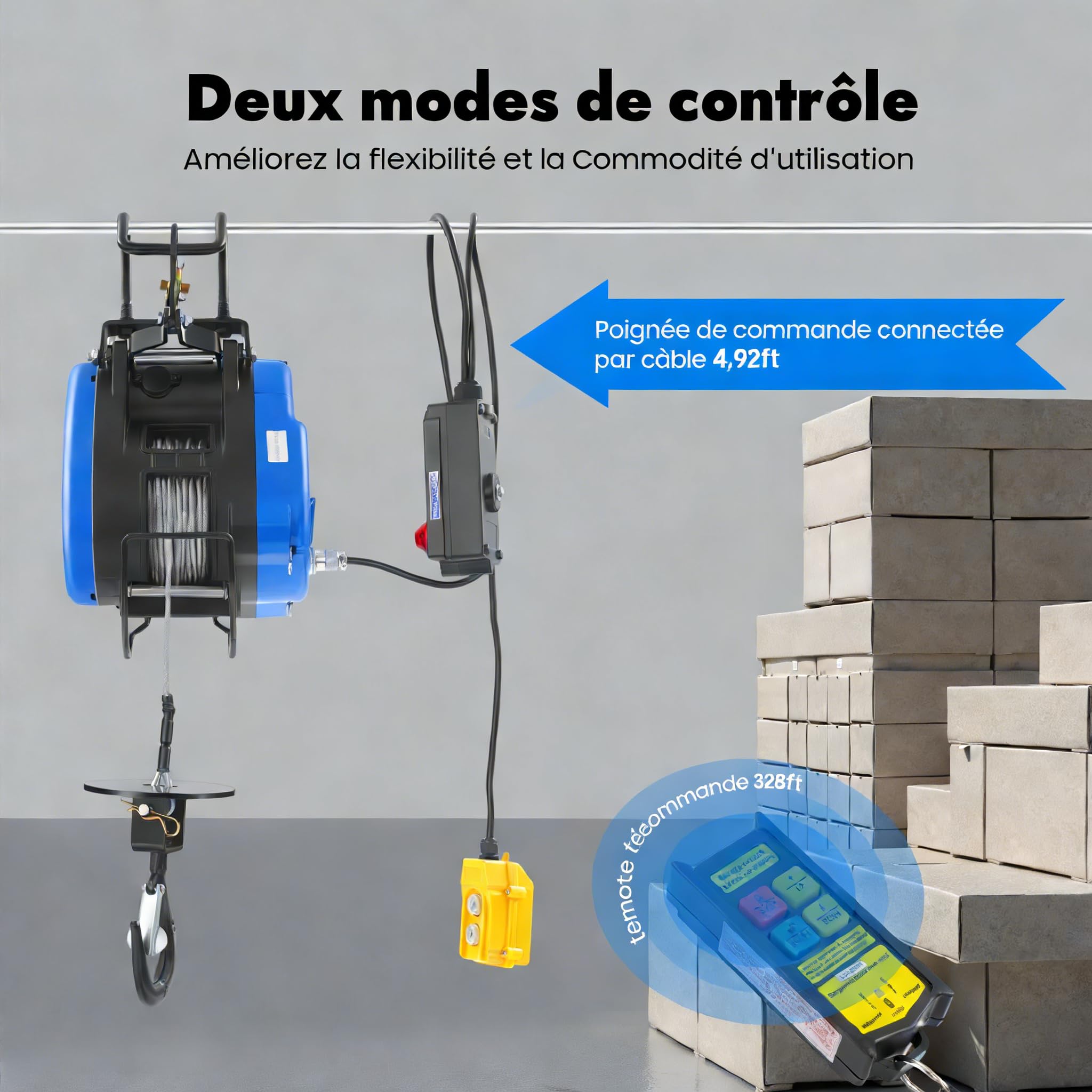 Palan Électrique Mobile Treuil électrique 220V 250kg 19m/min Télécommande sans Fil (100m) avec Pile Poignée de commande à câble 1500W 29m- hauteur de levage 30m-câble métallique limiteur