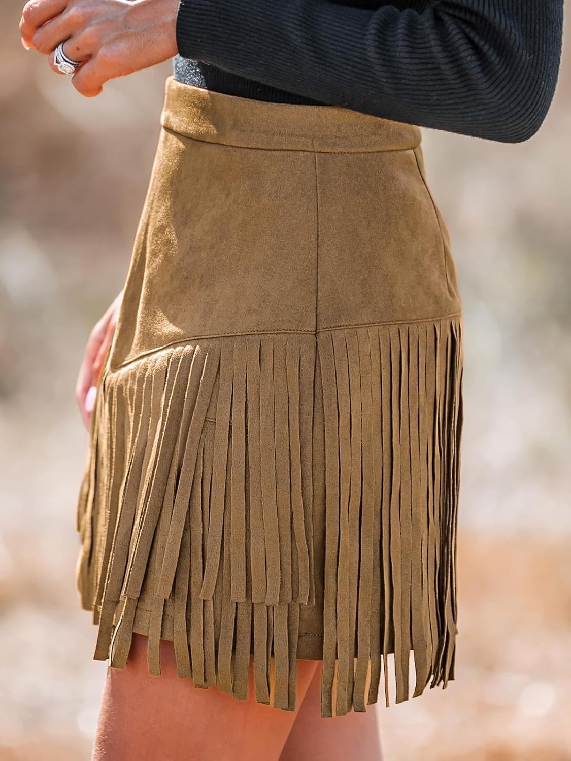 CUPSHE Women Fringe Skirts Western Cowgirl Terra Cotta High Waist Mini Skirt Suede Tassel Short Counrty Concert - Image 5