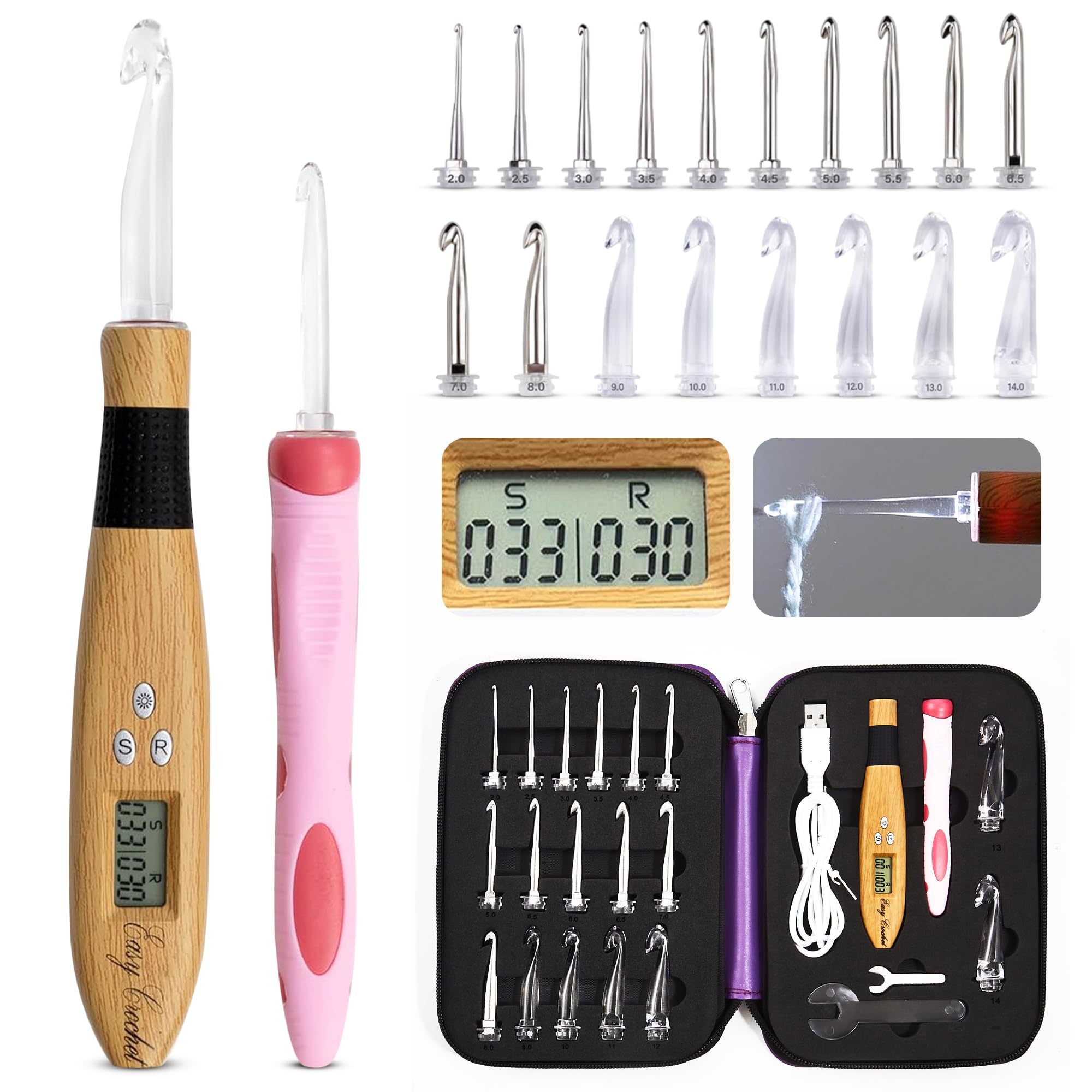 Easy Crochet 18-Piece Lighted Crochet Hook Set, Digital Row & Stitch Counter, Rechargeable LED Handle