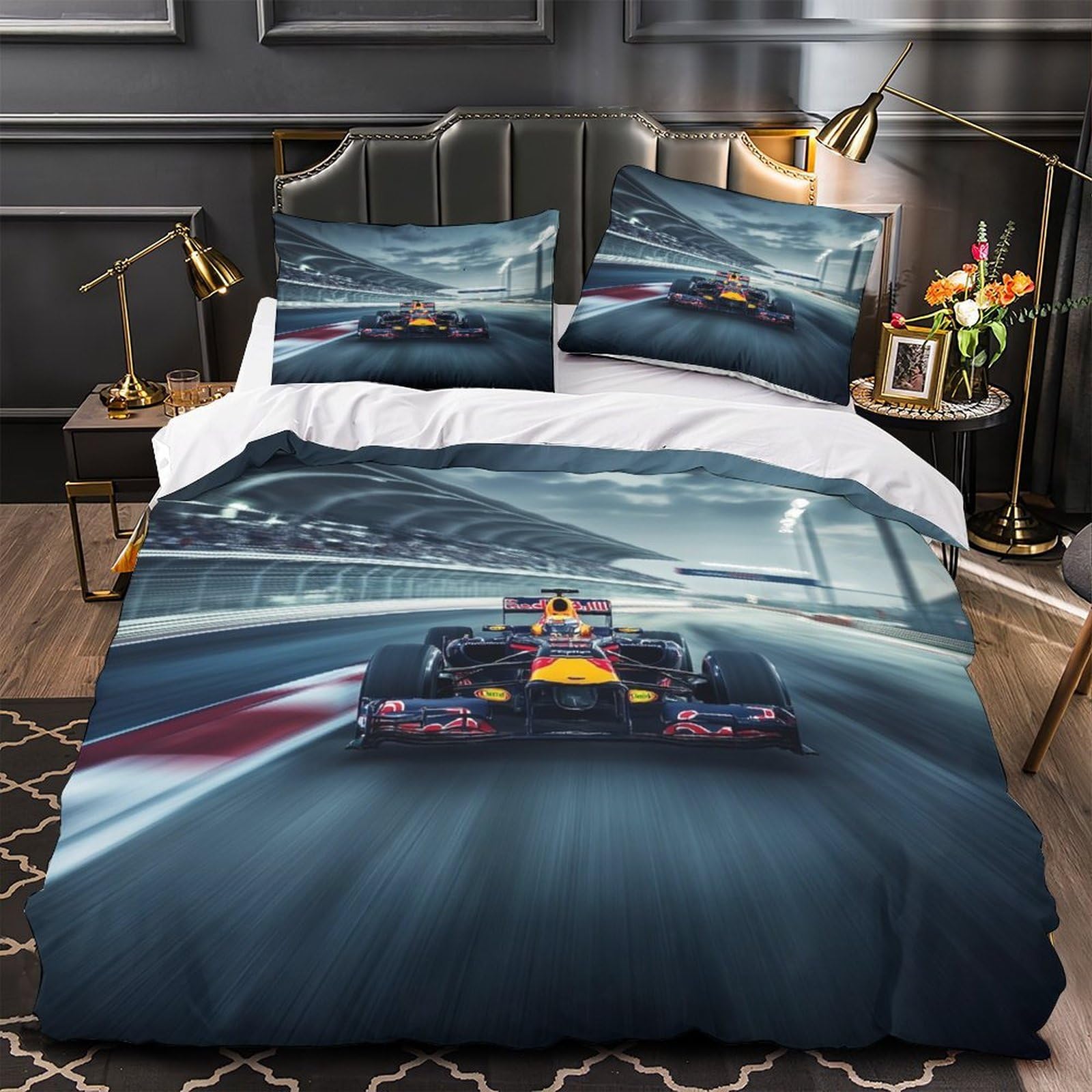 XiaopangXY Luxe Formulaa Racing Bedding Set With Hidden Zipper, Single（140x200cm） Duvet Cover Racing Car with Pillowcases, Soft Microfiber Racing Car Quilt Cover for Boy & Girl & Adults
