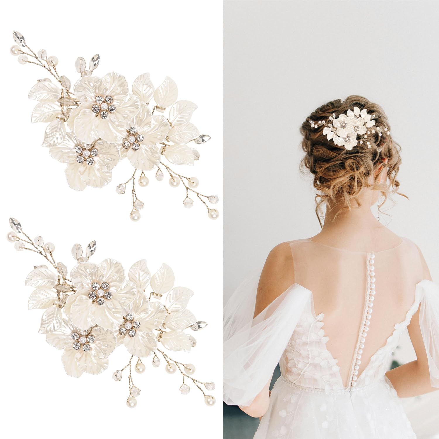 2Pcs Wedding Hair Accessories for Women Flower Bridal Hair Accessories Pearl Bridal Headpiece for Brides Bridesmaid, Women