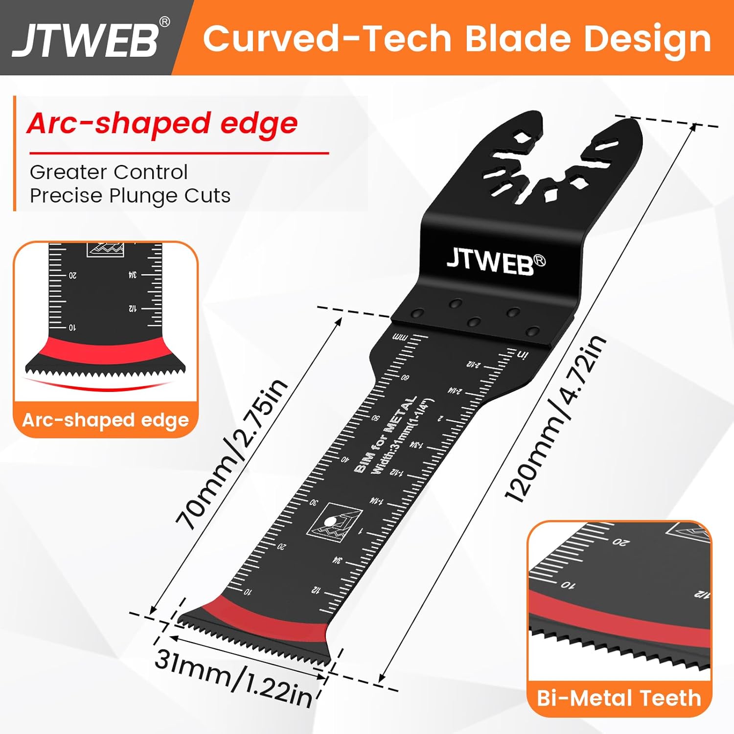 JTWEB Extra Long Oscillating Saw Blades - 12PCS Arc-Shaped Edge Bi-Metal Multitool Blades Precise Cut for Wood with Nails, Metal, Universal Quick Release Power Oscillating Tool Blades Kits