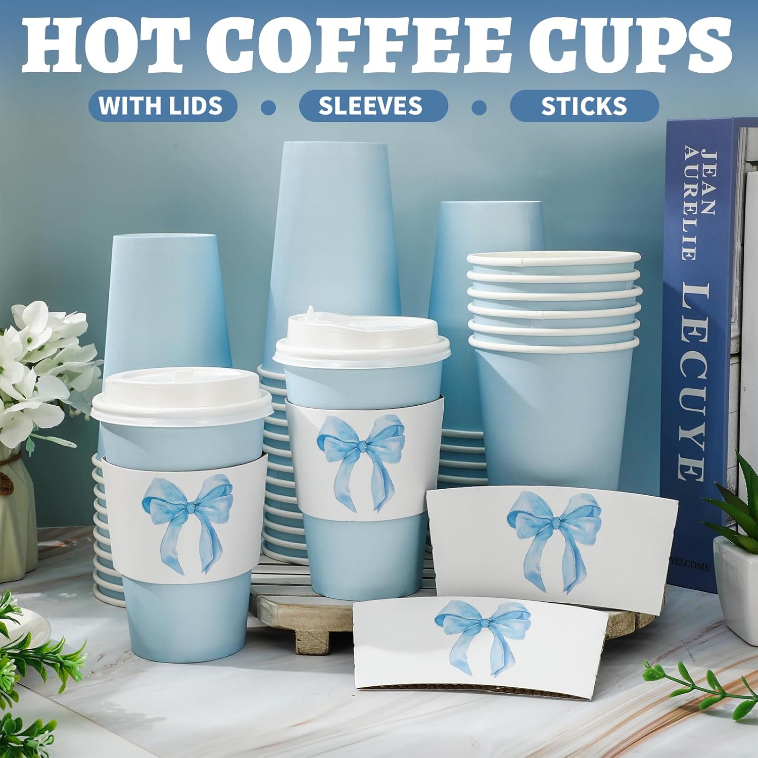FYSUIMU 50 Sets Blue Coffee Cups with Bow Sleeves and Lids 16oz Blue Bowknot Baby Shower Disposable To Go Paper Coffee Cups for Birthday Wedding Bachelorette Party Supplies