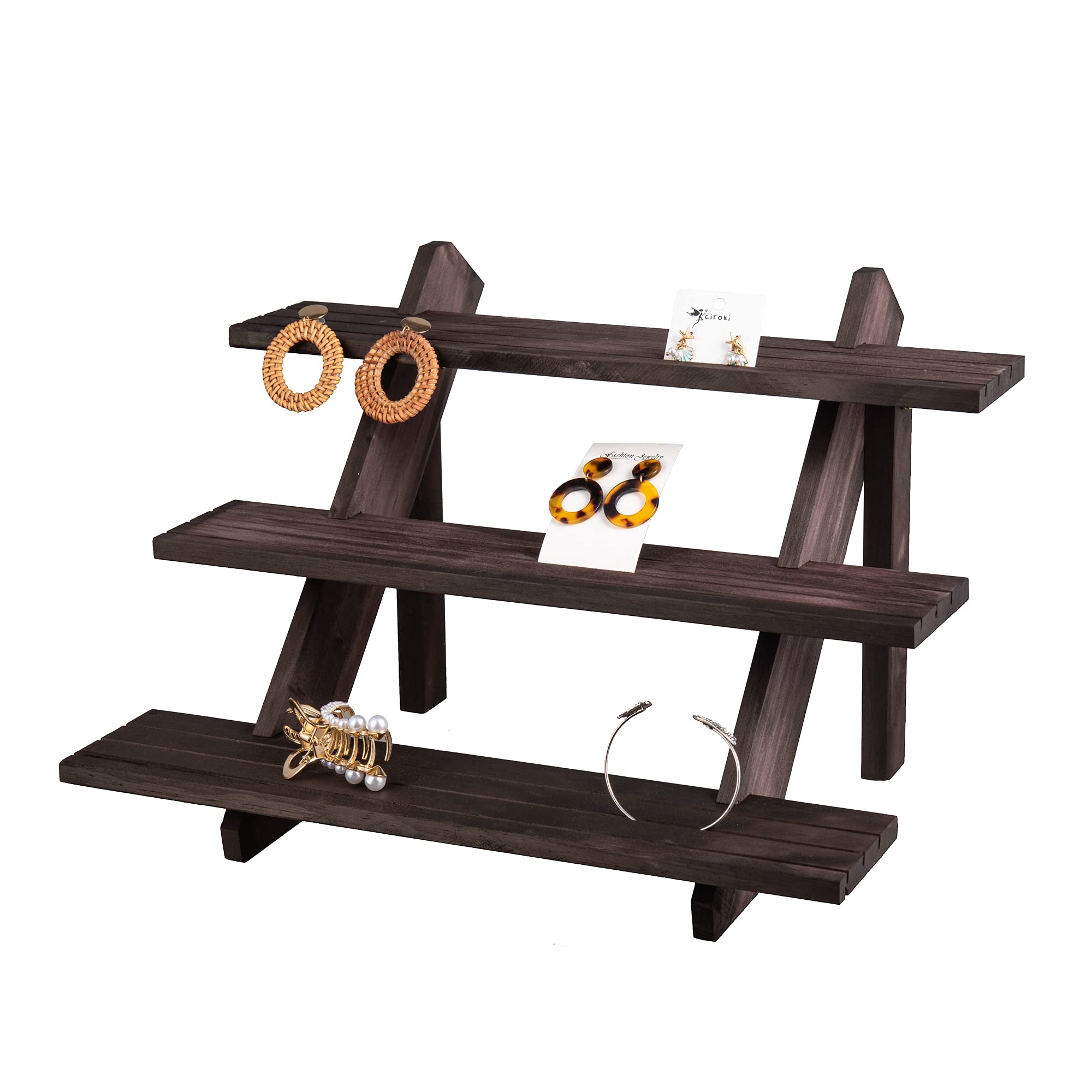 EiyyeRetail Display Riser Craft Showing Earring & Ring Holder Stand, 3-Tier Display Removable Showcase Rustic Wood Organizer Tray (Walnut)