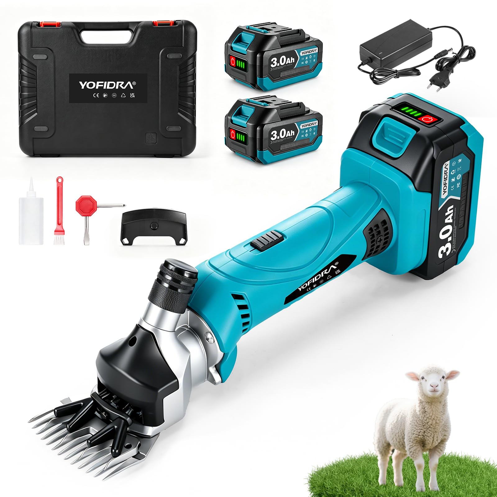 Yofidra Tosatrice elettrica per pecore 550W, Tosatrice a batteria con 6 velocità, Lama a 13 denti, 2 batterie da 3000 mAh, Tosatrice professionale per lana per pecore, capre e alpaca