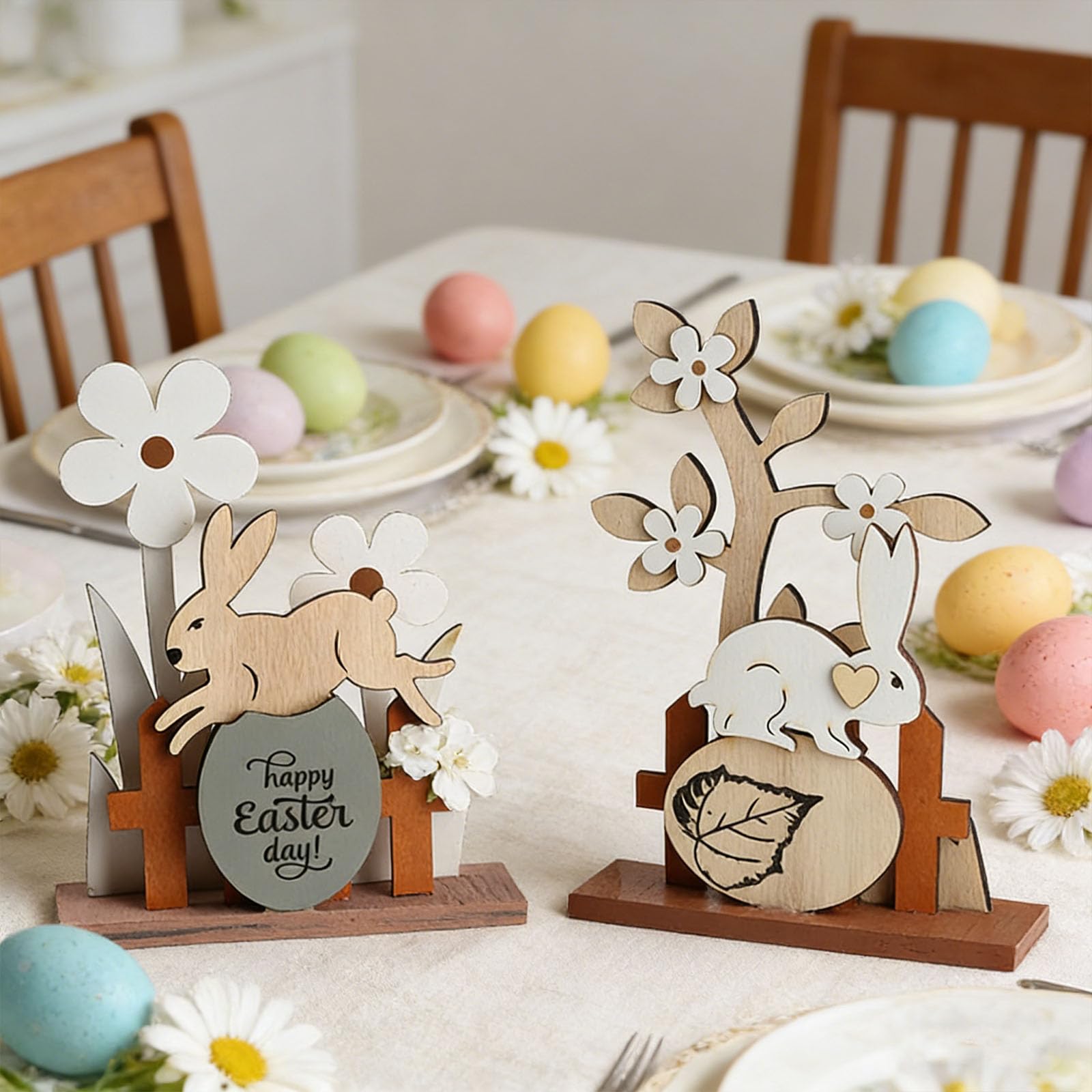 MACOSA HM38861_62 decoratieve haas set van 2 houten paashaas met veren bruin wit paasdecoratie staander houten haas paasdecoratie tafeldecoratie