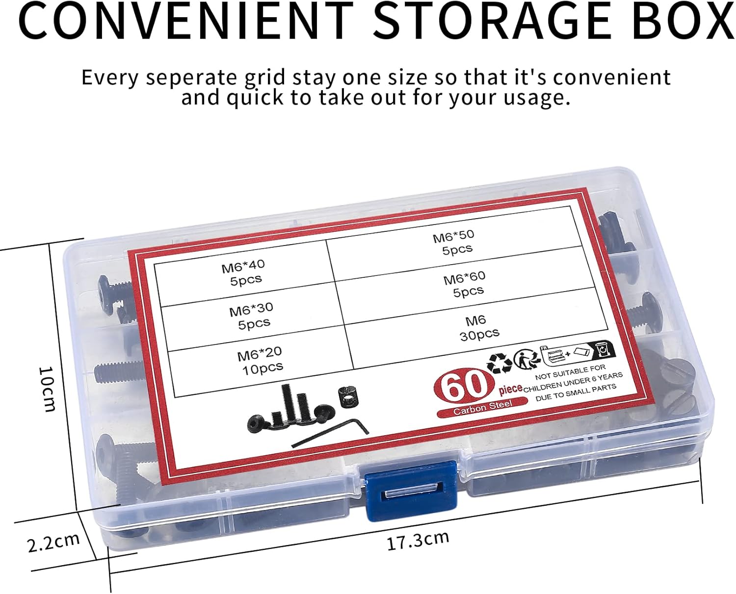 60 Pcs M6 Bolts Nuts Kit, Crib Bed Screws Replacement Kit, Hex Socket Head Cap Screws Nuts