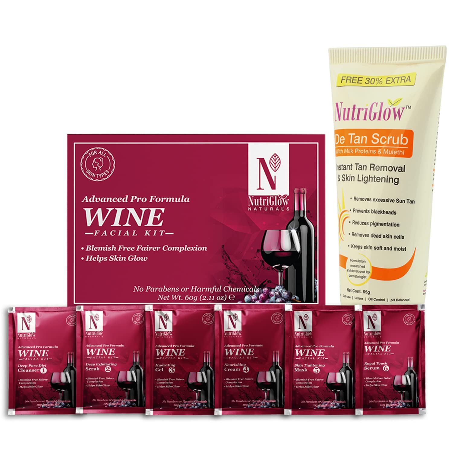 Nutriglow Natural's Wine Facial Kit – 6-teiliges Set Mit Rotwein-Extrakten Für Strahlende Haut, Gegen Akne & Alterung